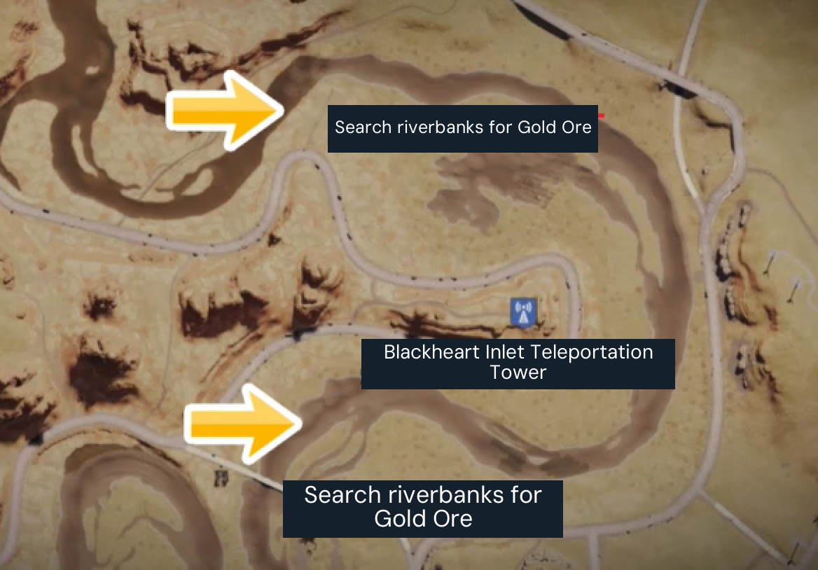 Search the two marked riverbanks around the Blackheart Inlet Teleportation Tower for Gold Ore. This is the original Nalcott map used by Manibus and Evolution’s Call; use the landmarks and check ore spawns in your active scenario.