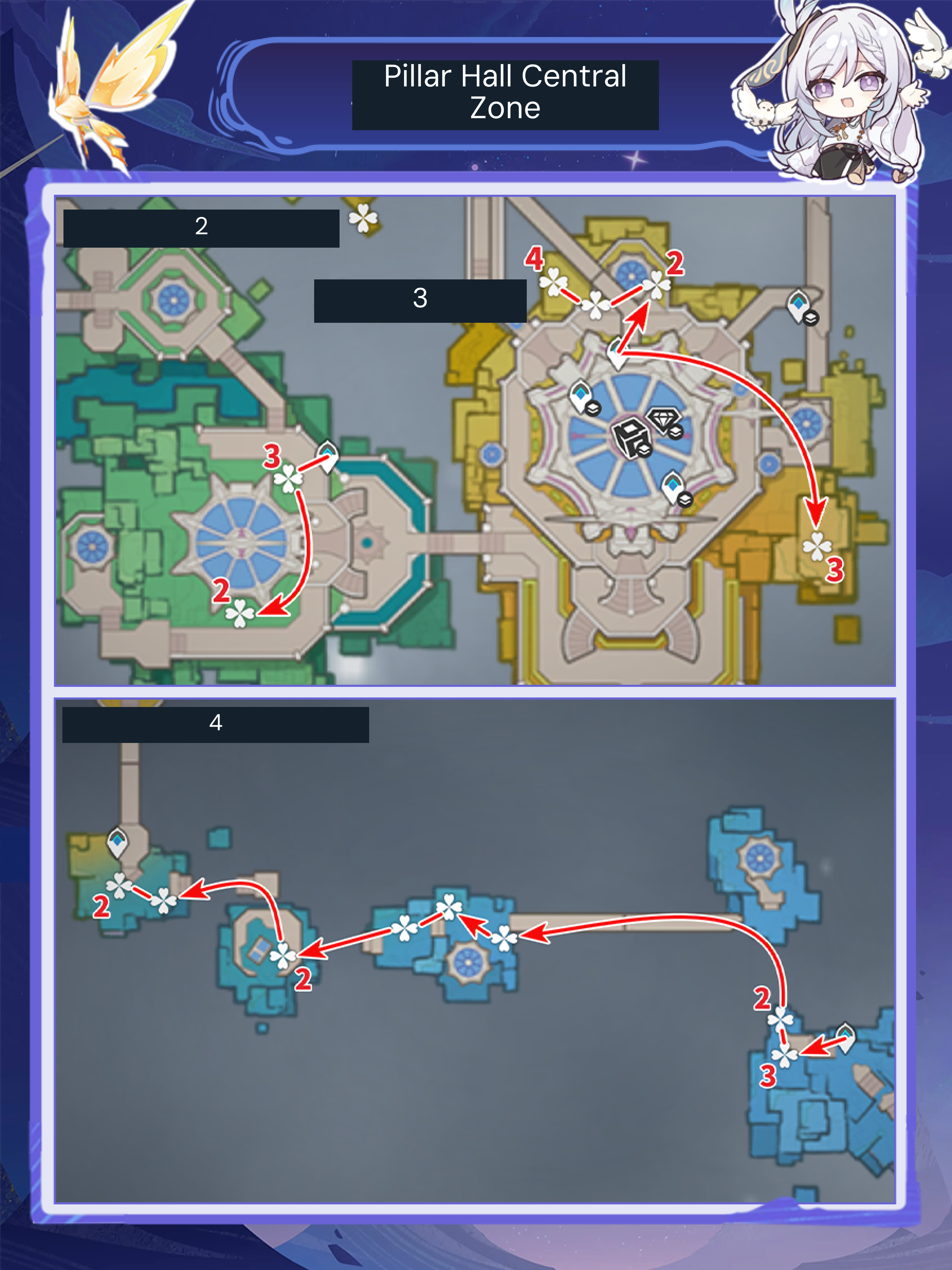 Etherwing Moth route panels for Pillar Hall Central Zone and the southern Temple of Space islands.