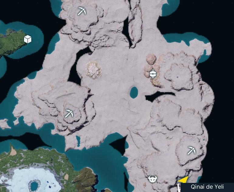 Desert Coal clusters from the January 2024 reference, including source coordinates (289, 245), (322, 498), and (593, 153). Pickaxe icons locate the clusters. This covers the original islands; later expansion regions are outside its scope.