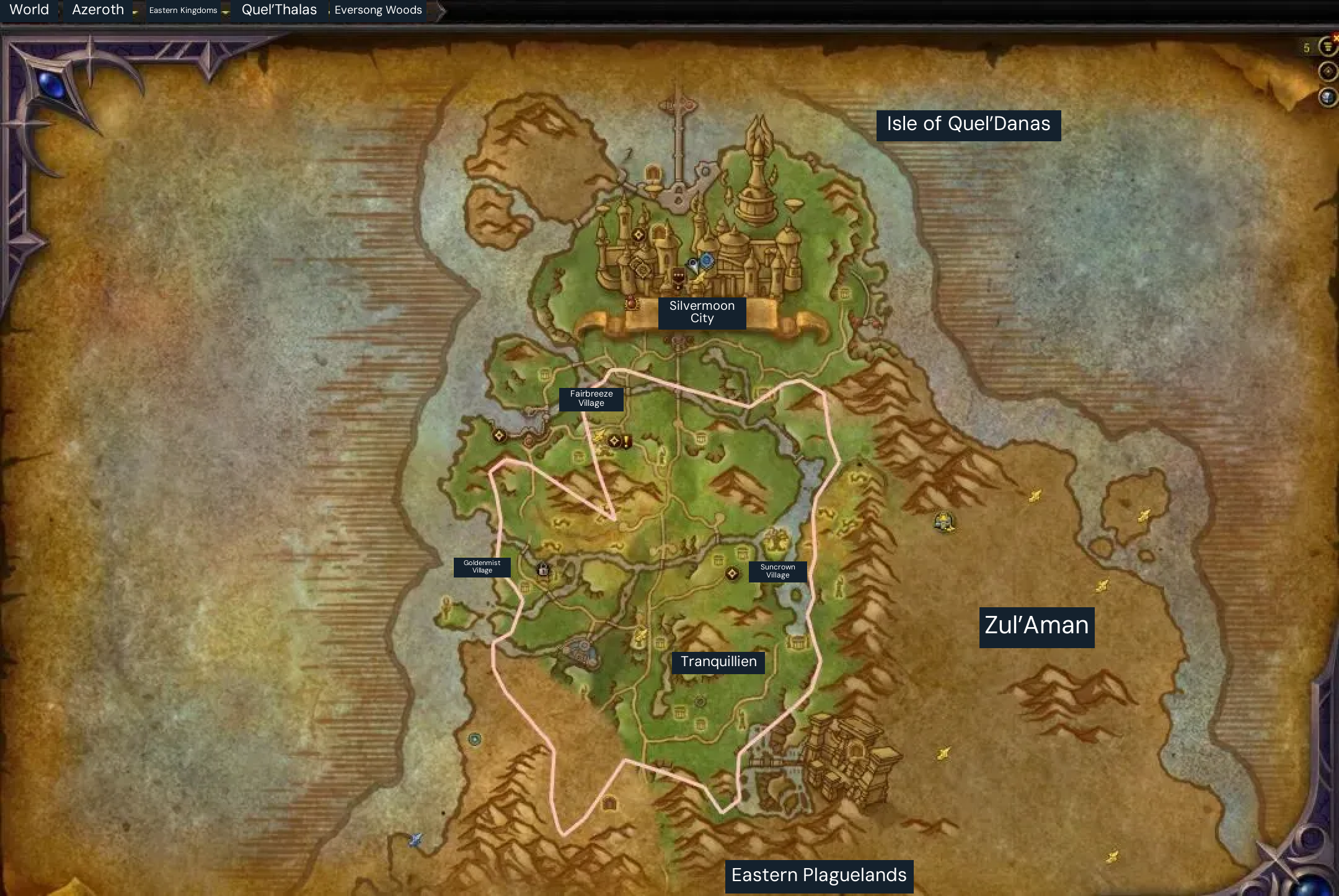 Eversong Woods herb and ore gathering loop. Follow the pale route line through the zone; the translated landmarks and neighboring regions help orient your journey.