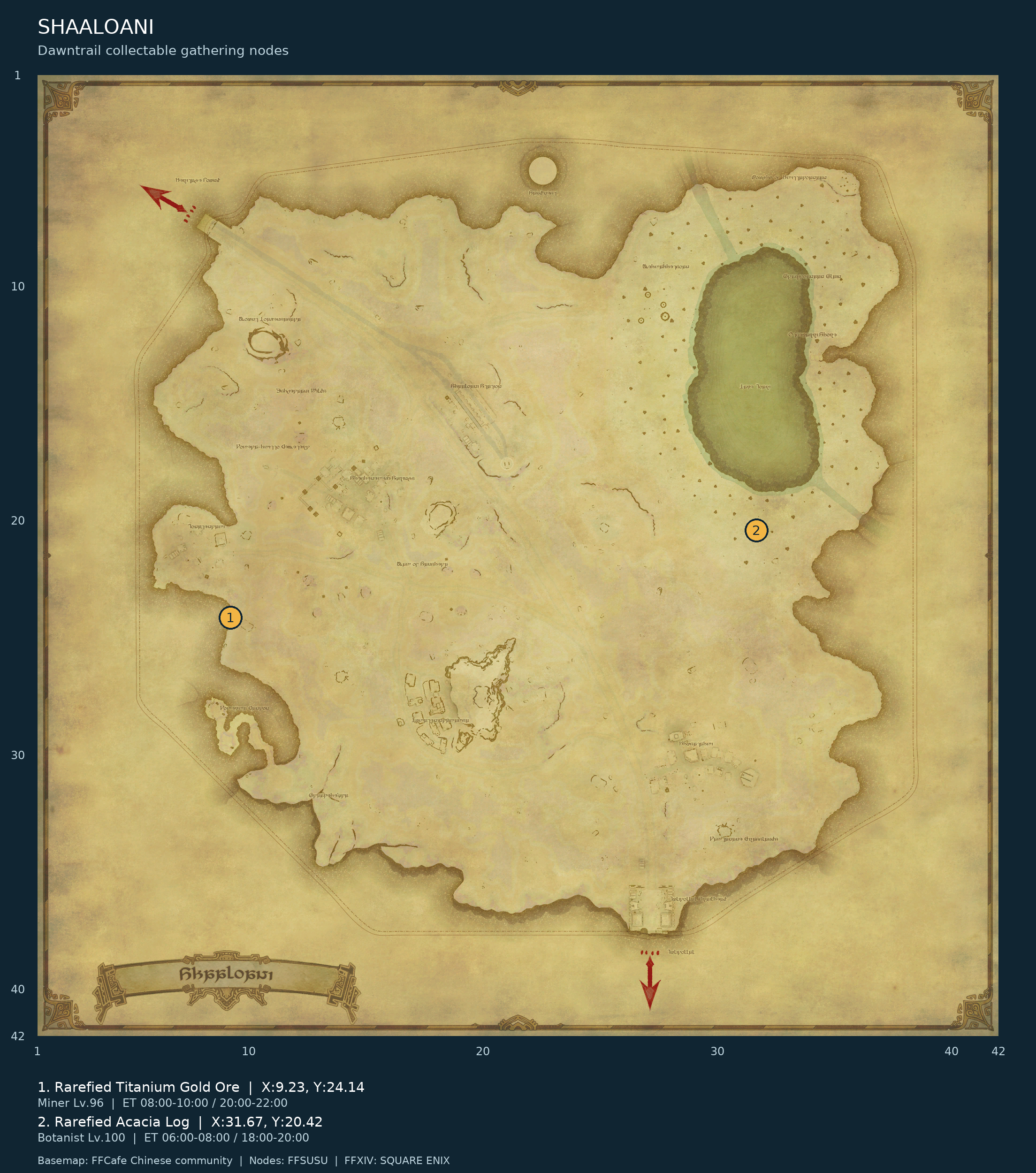Shaaloani Dawntrail collectable-node locations, with in-game X/Y axes and the source clock’s Eorzean-time windows. Numbered markers identify gathering-node centers; nearby active nodes may appear as a cluster.