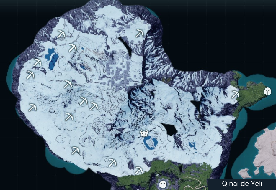 Snow-island Quartz and Ore clusters from the January 2024 base map. Source Quartz clusters include (-139, 577), (-310, 540), (-417, 471), and (-208, 247); pickaxe icons represent mixed mineral sites. This covers the original islands; later expansion regions are outside its scope.