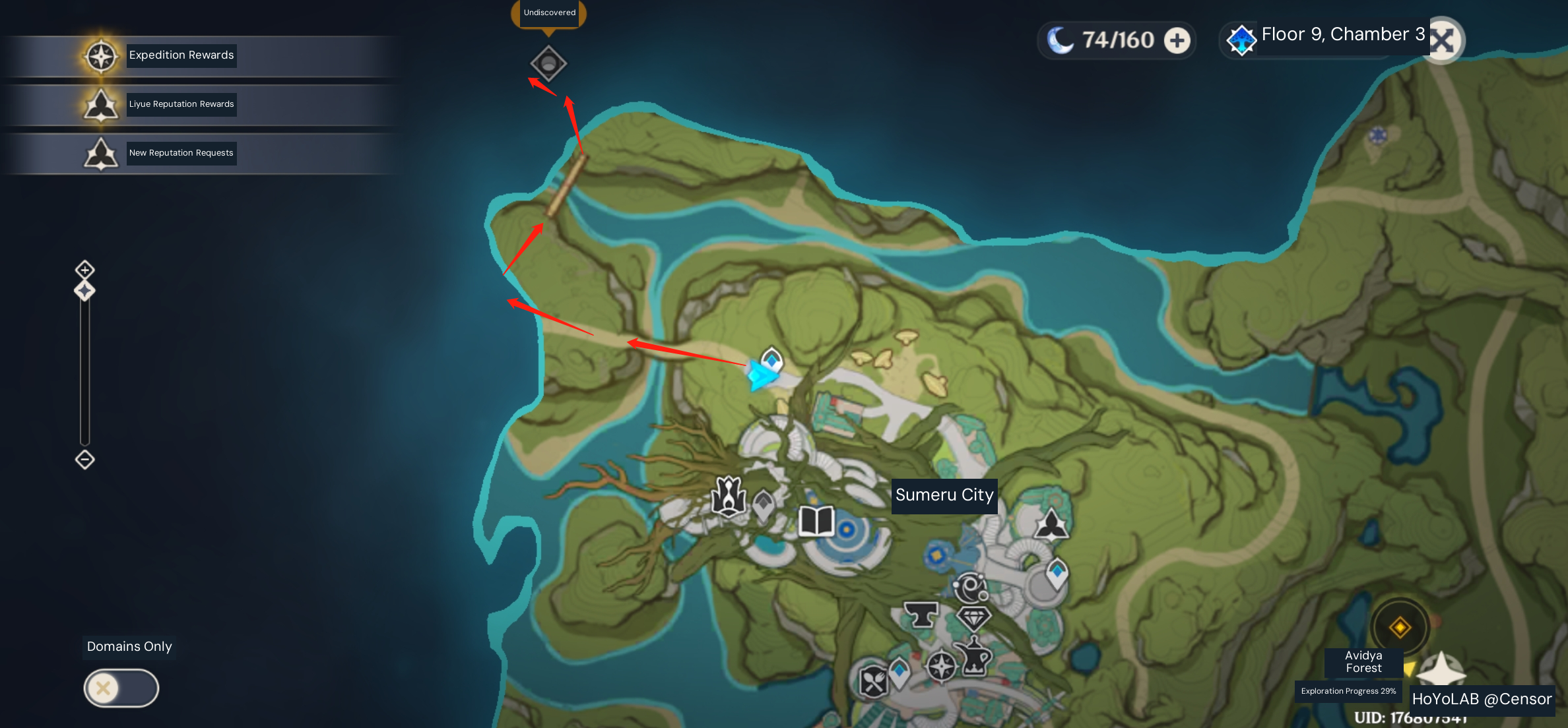 Steeple of Ignorance talent-material domain north of Sumeru City. Follow the source’s red approach from the city waypoint across the river and down to the domain entrance.