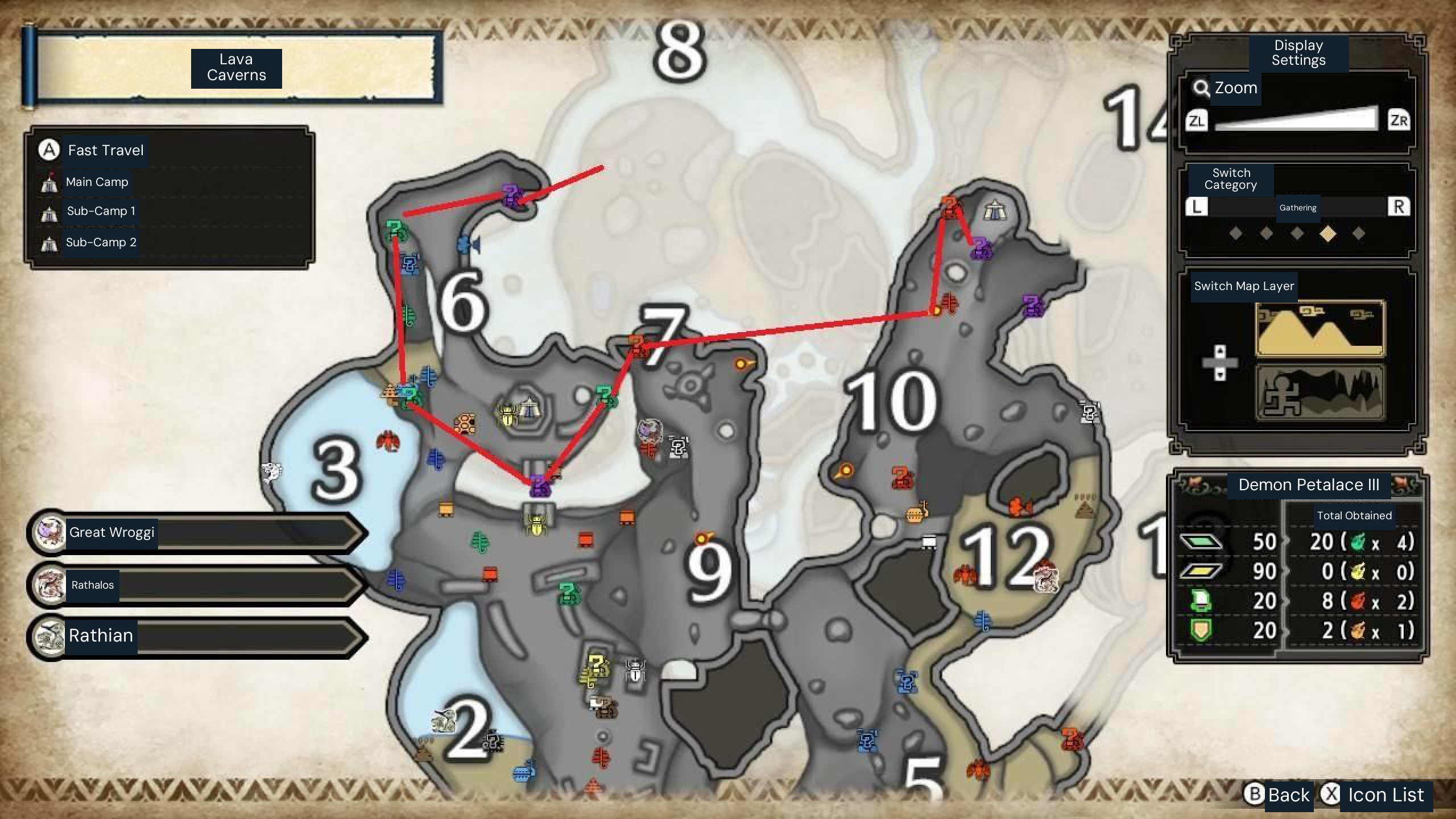 Lava Caverns account-item route, upper level. Follow the author’s red route; the orange detour on the lower map requires climbing.