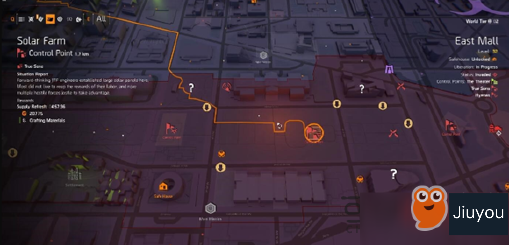 Solar Farm control point in East Mall. Use this location to begin a crafting-material container sweep; the screenshot is a locator, not a promise that every marked object contains a specific material.