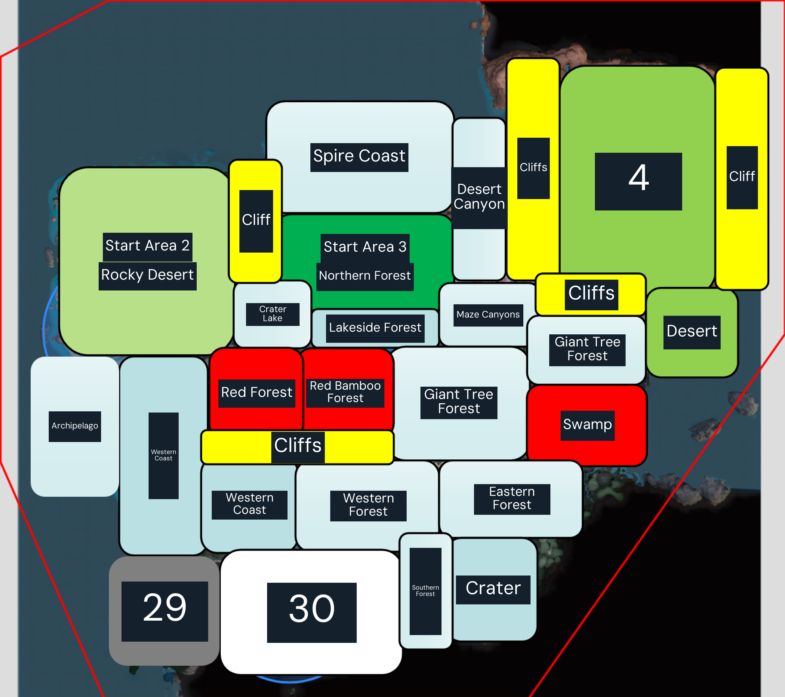 Starting-region and terrain sketch from a Chinese Satisfactory guide. Use it to orient the four starting areas and major cliffs, then scan in-game for exact resource nodes. This sketch does not plot resource-node positions.