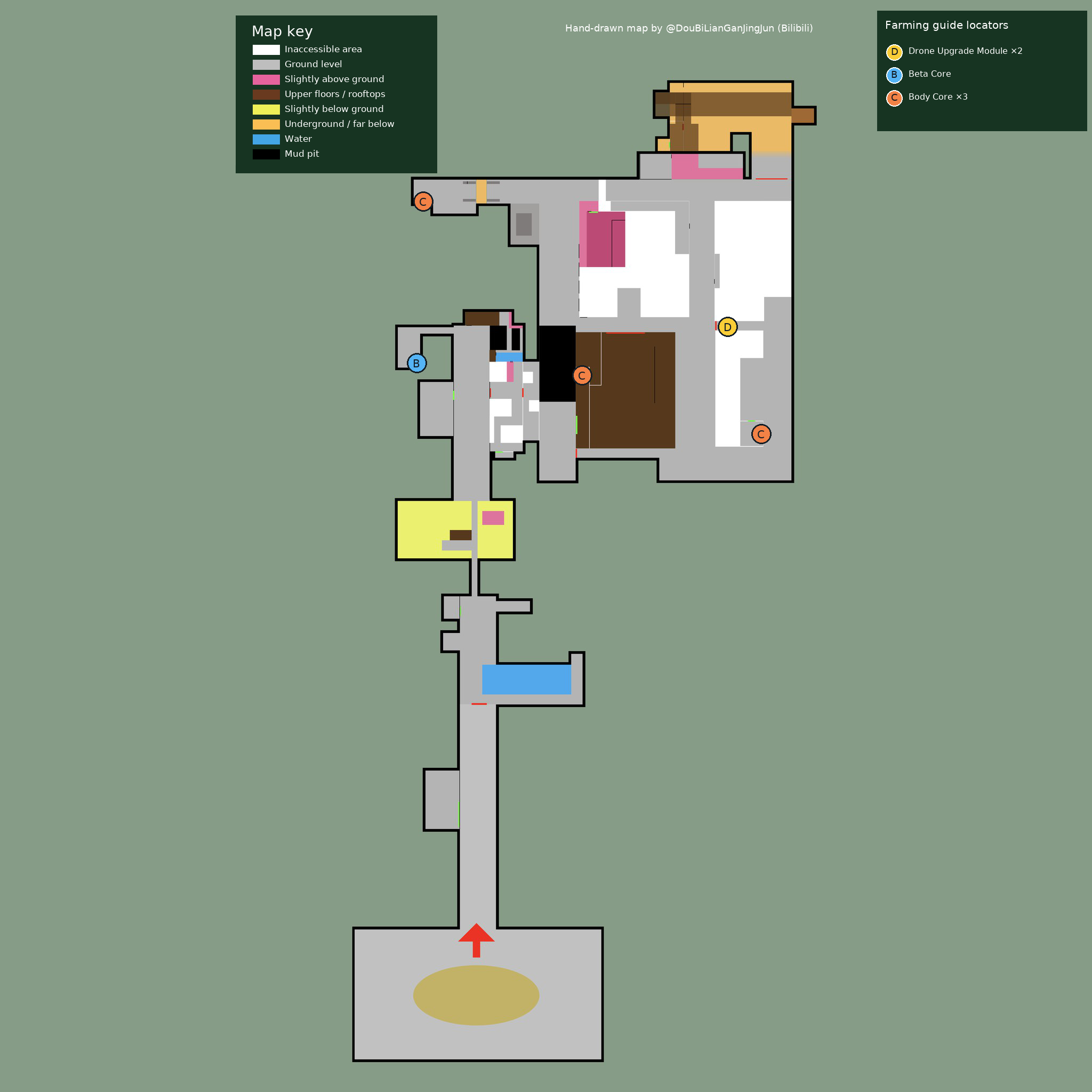 Eidos 7A industrial-area floorplan. D marks two Drone Upgrade Modules near a gate, B marks a Beta Core, and C marks three Body Core locations. The legend explains elevation and access; this map covers the industrial area only.