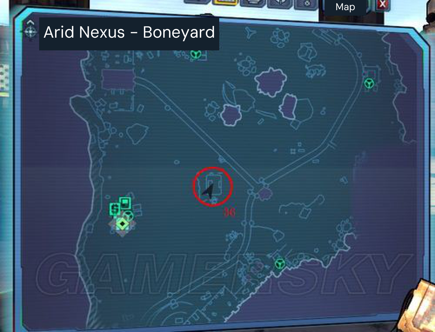 Hunter Hellquist’s radio-station position in Arid Nexus - Boneyard. Original red marker 36 identifies the dedicated The Bee source; the southwest icons show the nearby travel area.