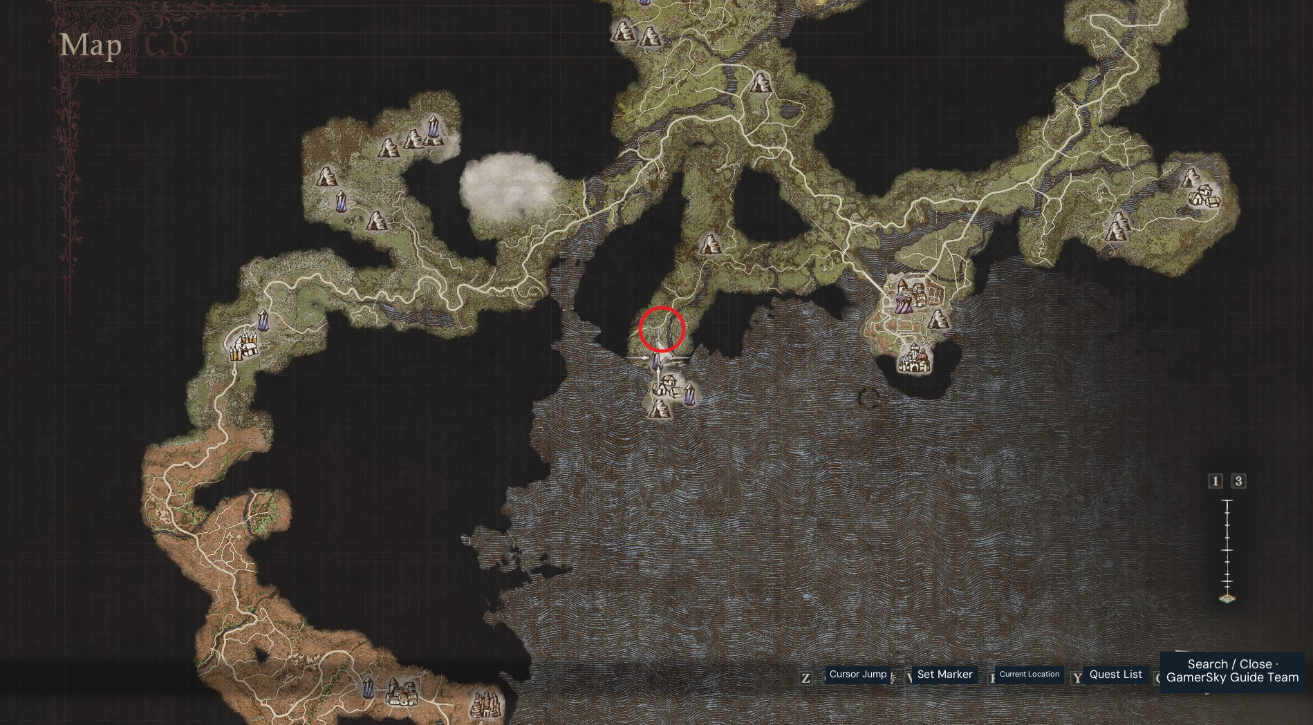 Harve Village approach fixed dragon encounter marked by the source author. Use this location for Wyrmslife Crystal farming; respawns depend on elapsed in-game time.