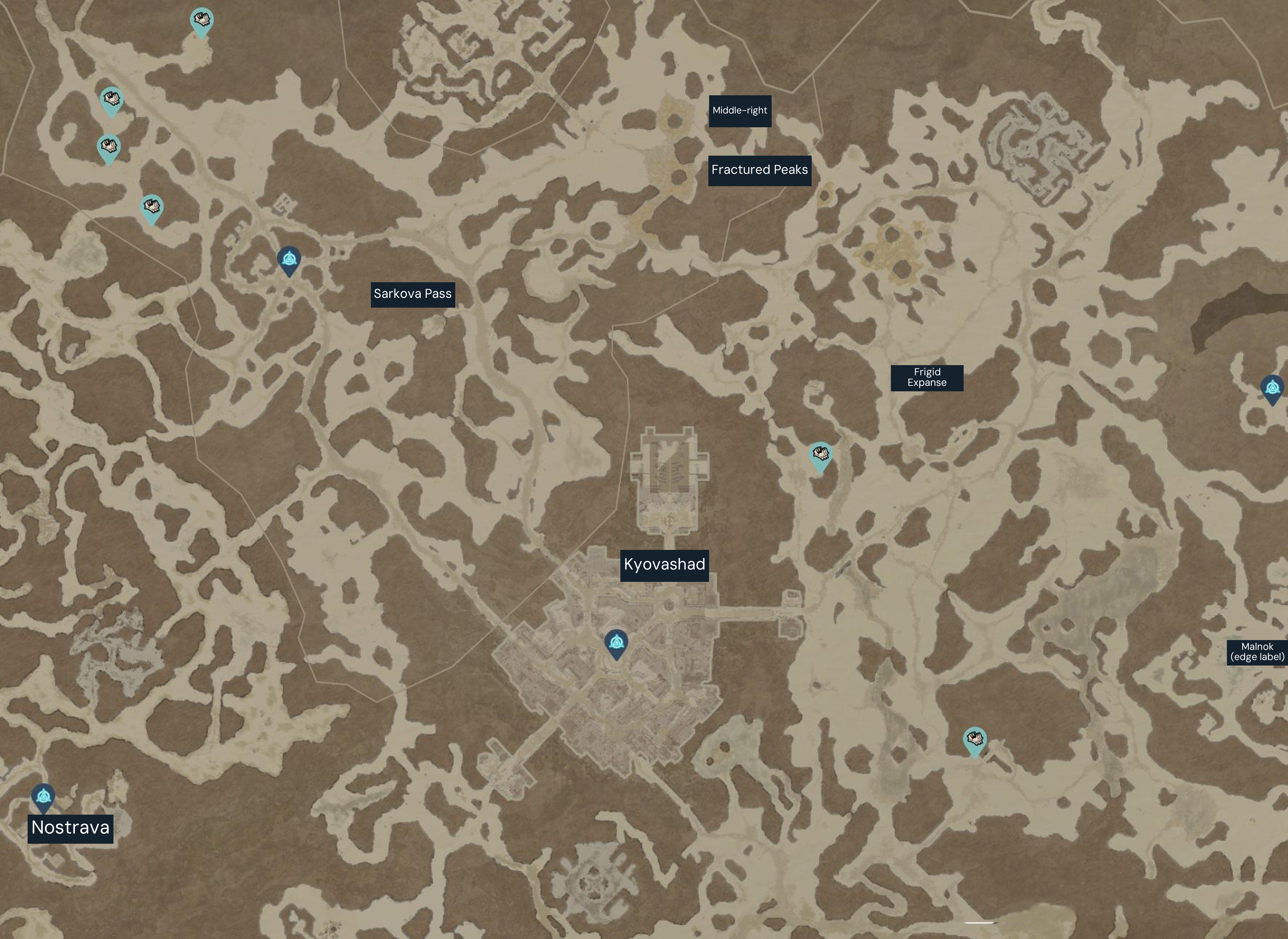 Fractured Peaks Helltide chest reference (2023). Turquoise markers show possible Mystery Chest locations; blue markers are waypoints. Confirm current chest locations on your in-game map.