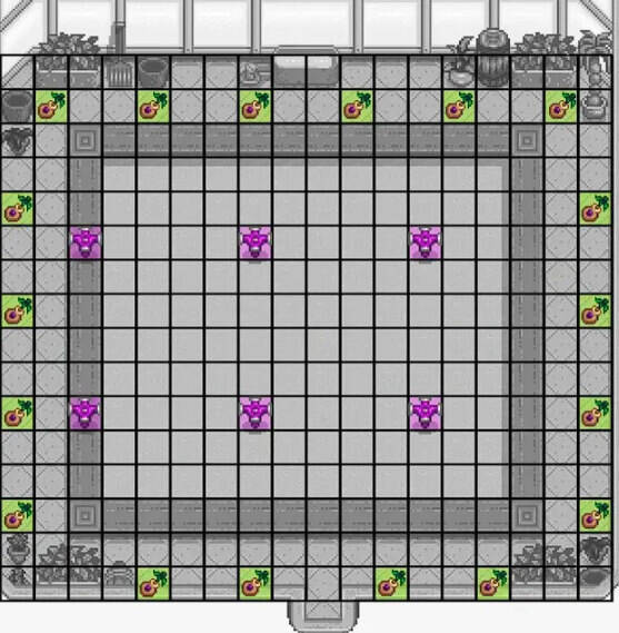A Stardew Valley greenhouse tile layout showing a central crop area, perimeter walkway, and fruit-tree planting positions.