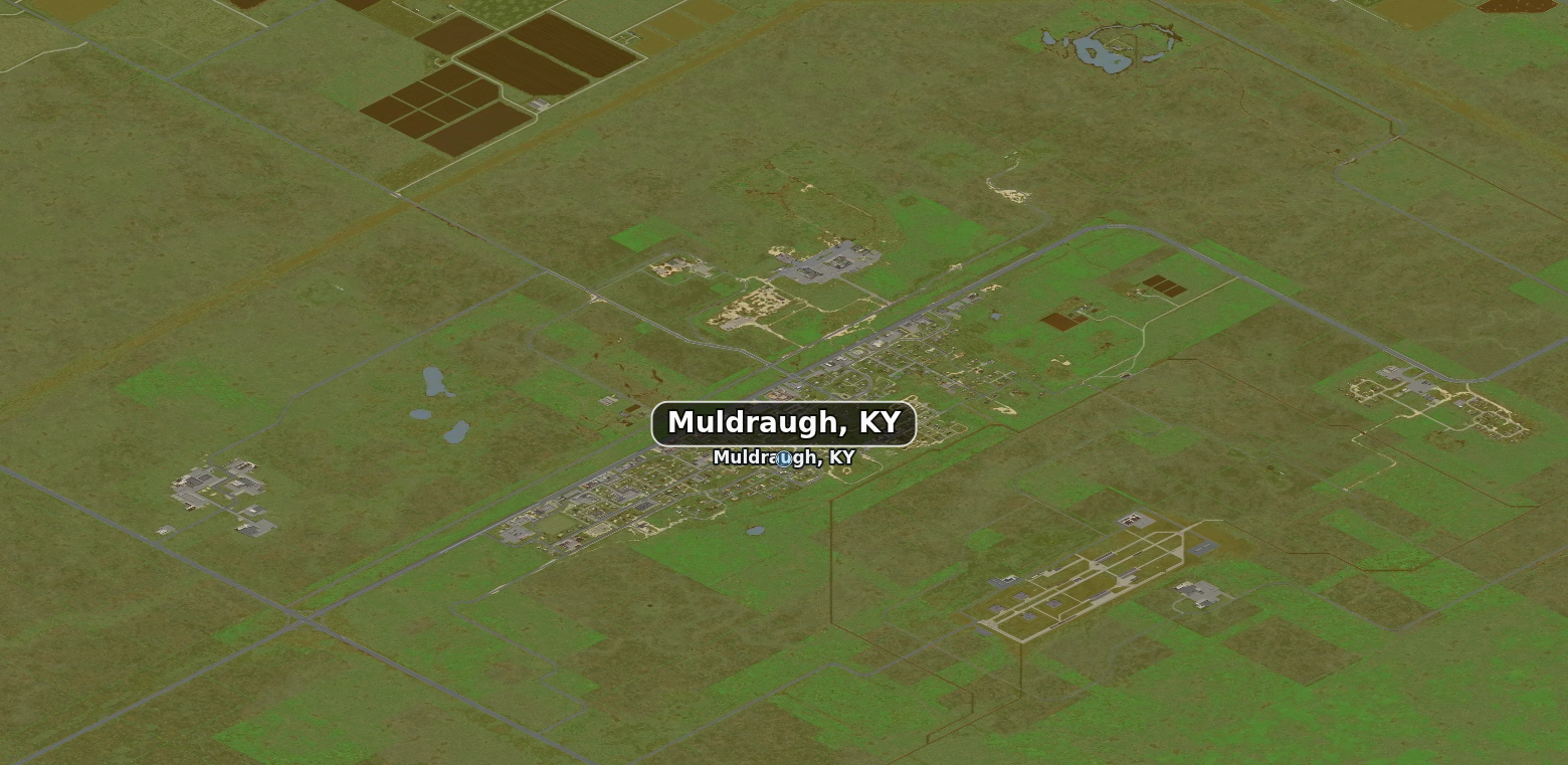 Muldraugh’s roads, green strips, outlying fields and nearby lakes in Build 42. Use these landmarks to plan a supply approach; Search Mode’s zone panel identifies the forage pool at your position.