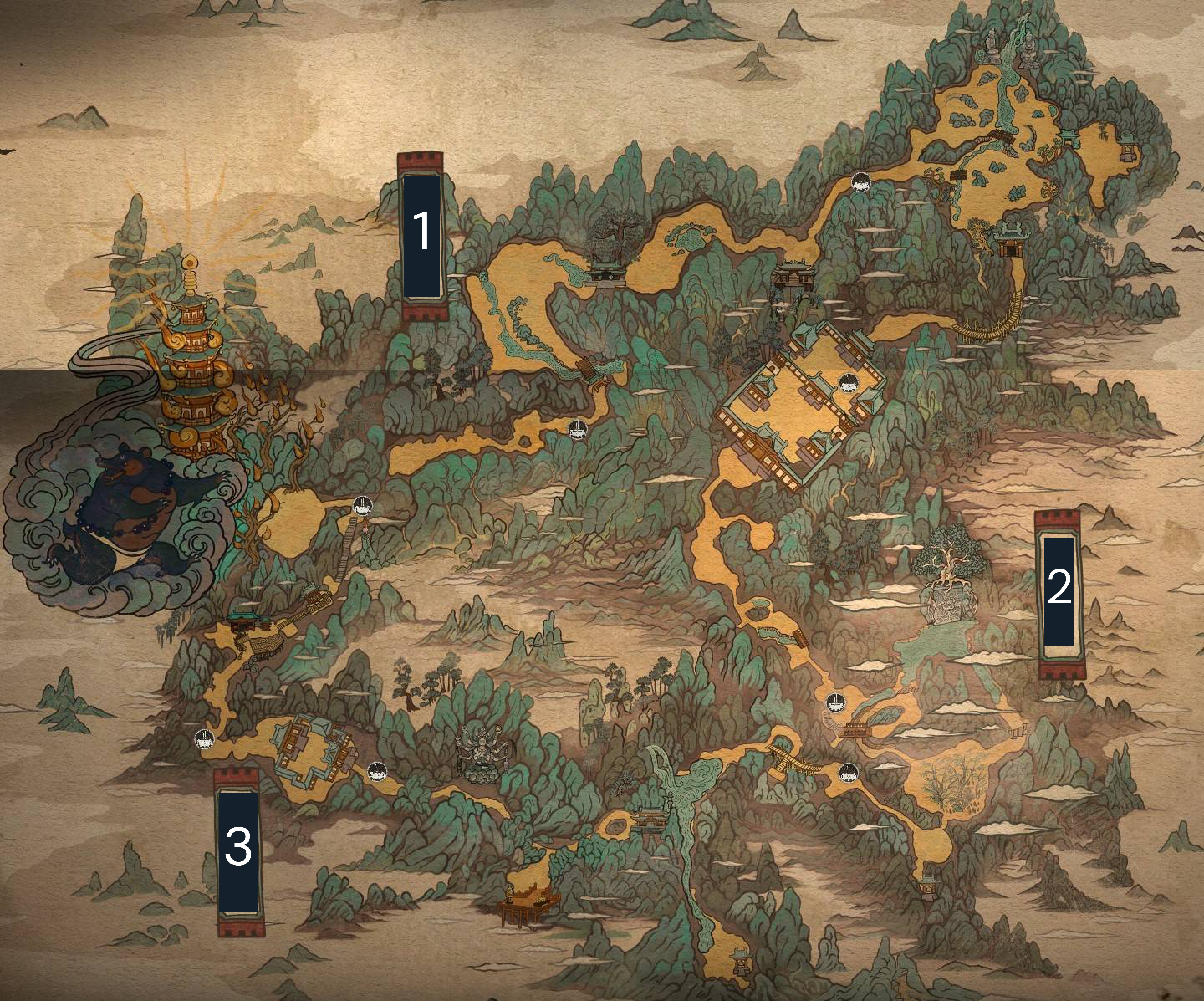 Black Wind Mountain — Forest of Wolves, Bamboo Grove and Black Wind Cave. Shrine markers show the chapter layout; use the farming instructions for the specific route.