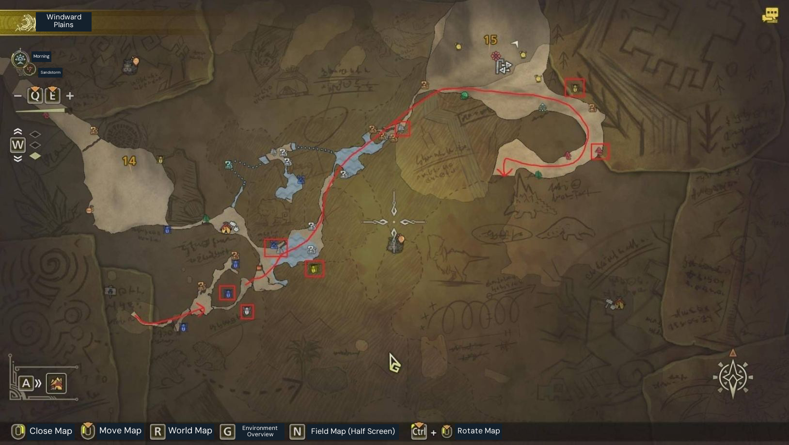 Windward Plains gathering route, segment 3 of 4. Red lines and boxes are the source author’s route and selected gathering nodes.