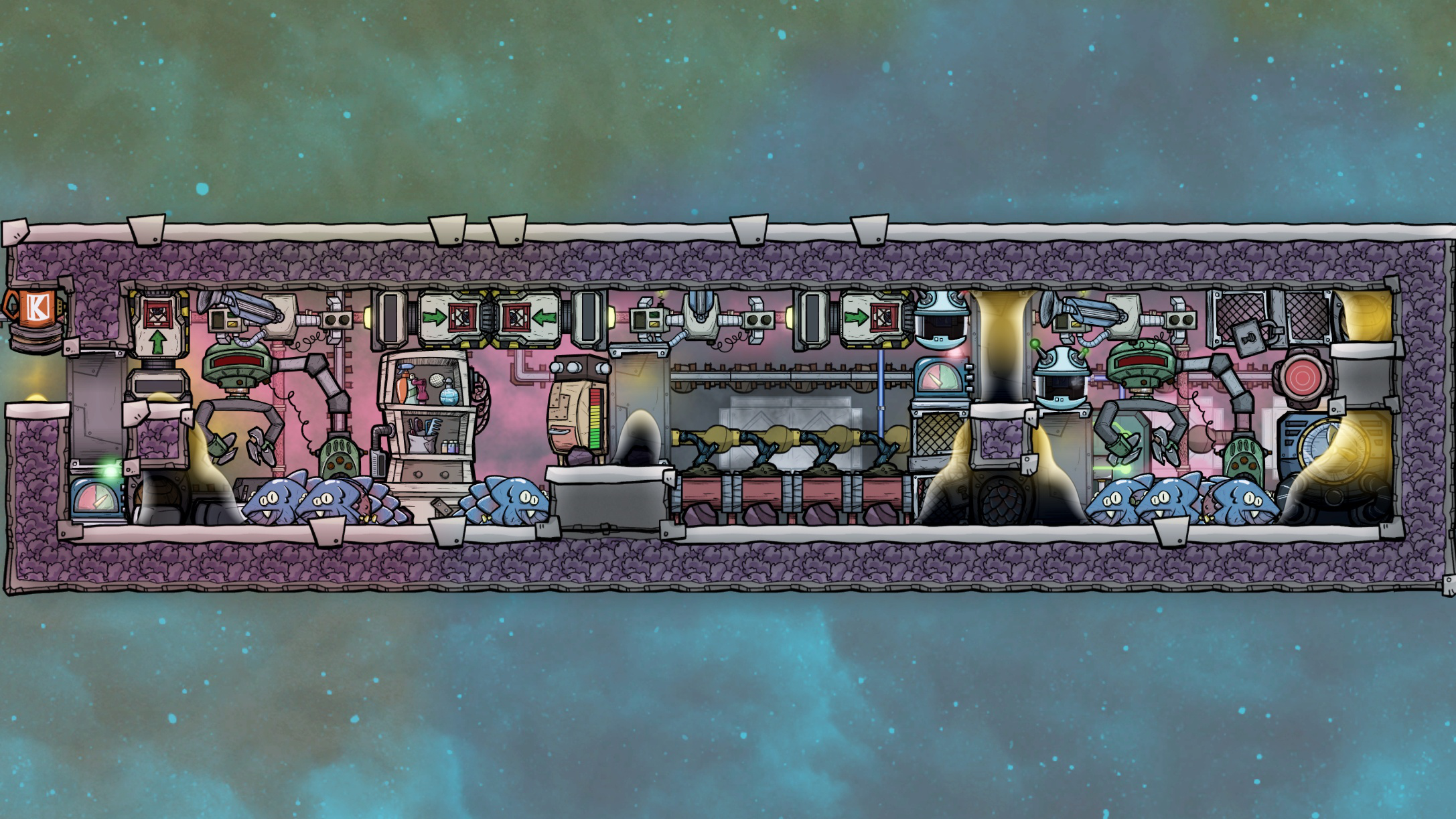 Glossy Drecko ranch layout, design 1: four groomed breeders with Mealwood feed and a separate shearing area (controlled overflow population). Follow the source gas-layer and automation instructions before copying the build.