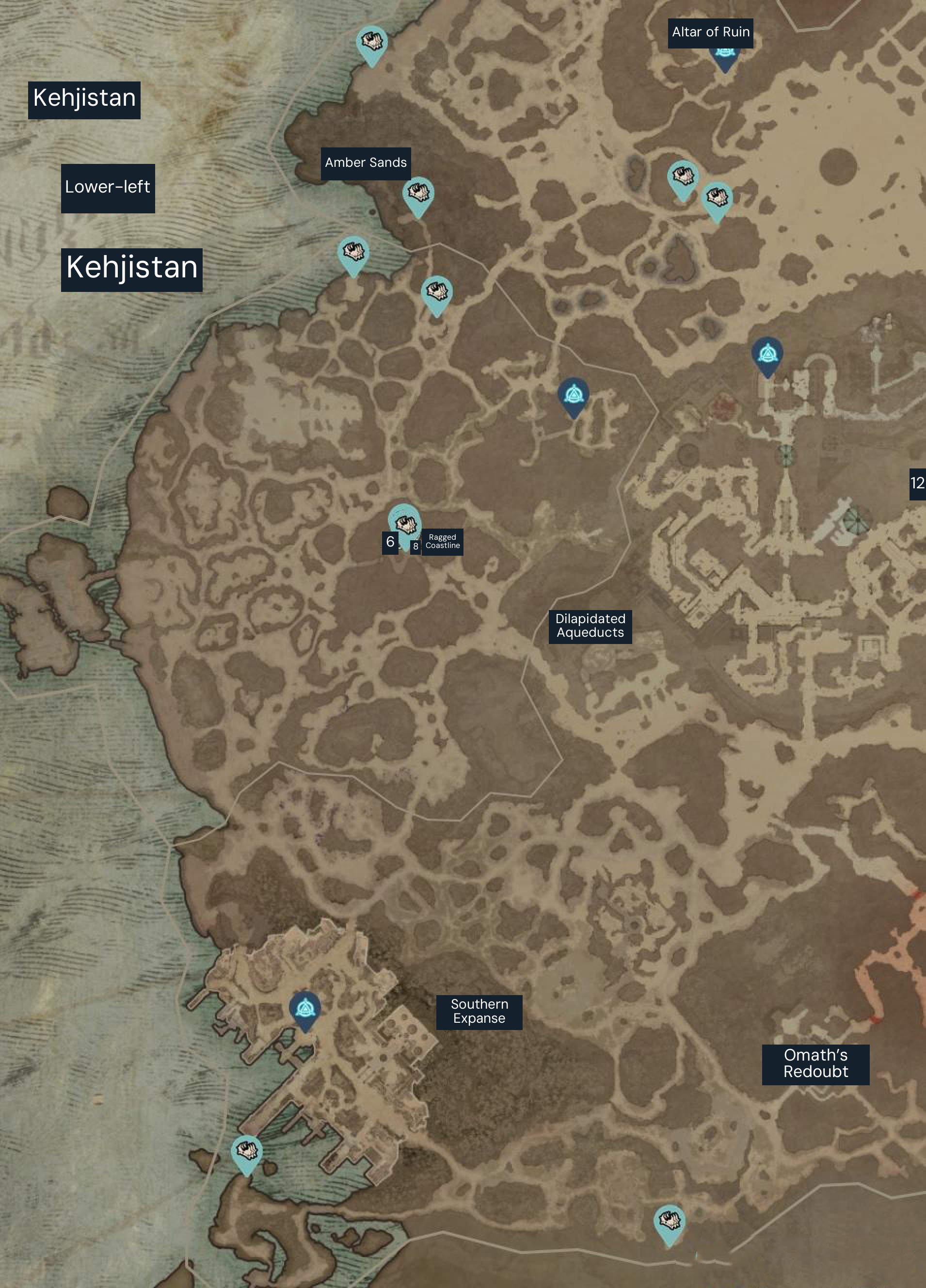 Kehjistan Helltide chest reference (2023). Turquoise markers show possible Mystery Chest locations; blue markers are waypoints. Confirm current chest locations on your in-game map.