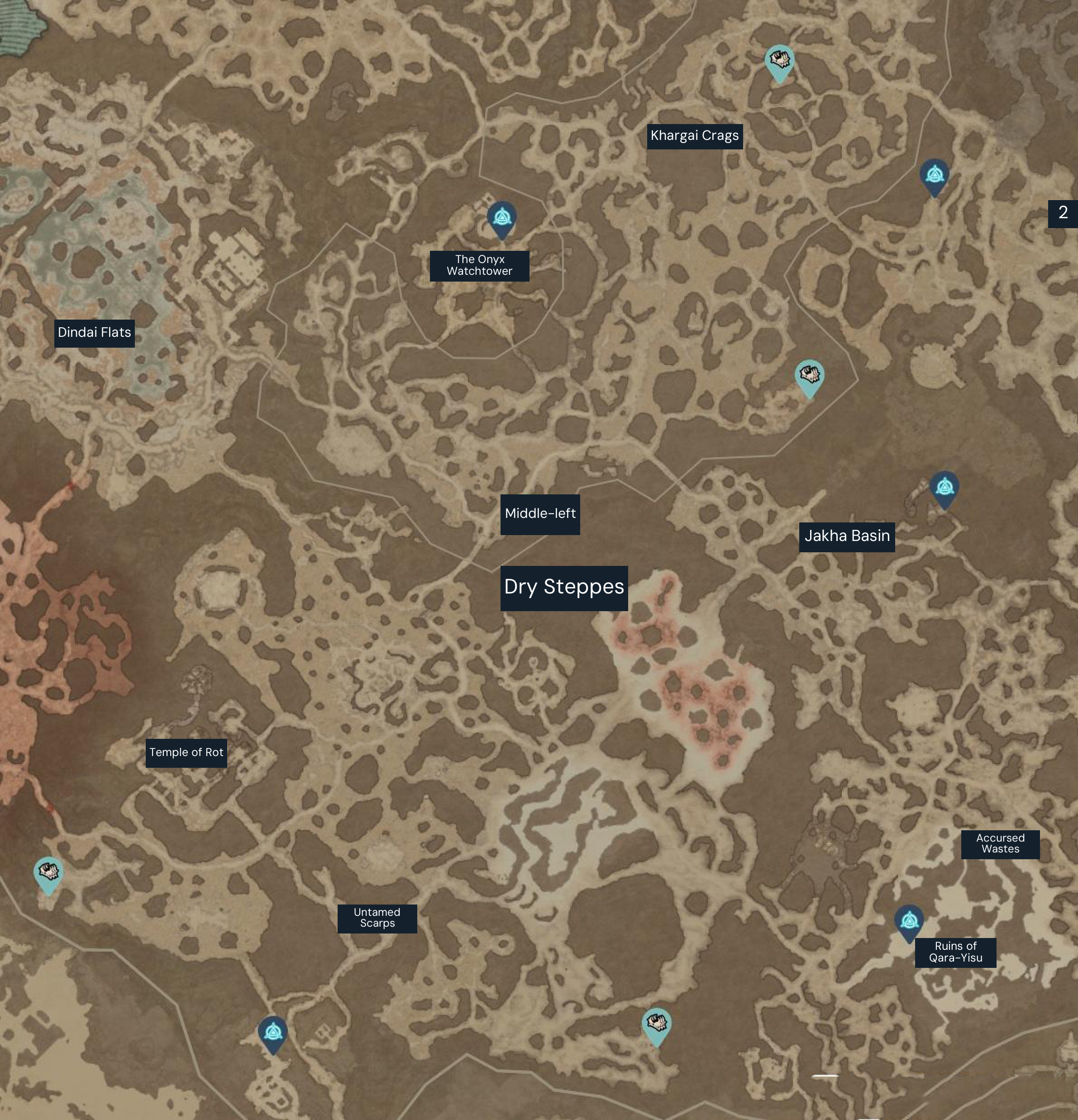 Dry Steppes Helltide chest reference (2023). Turquoise markers show possible Mystery Chest locations; blue markers are waypoints. Confirm current chest locations on your in-game map.