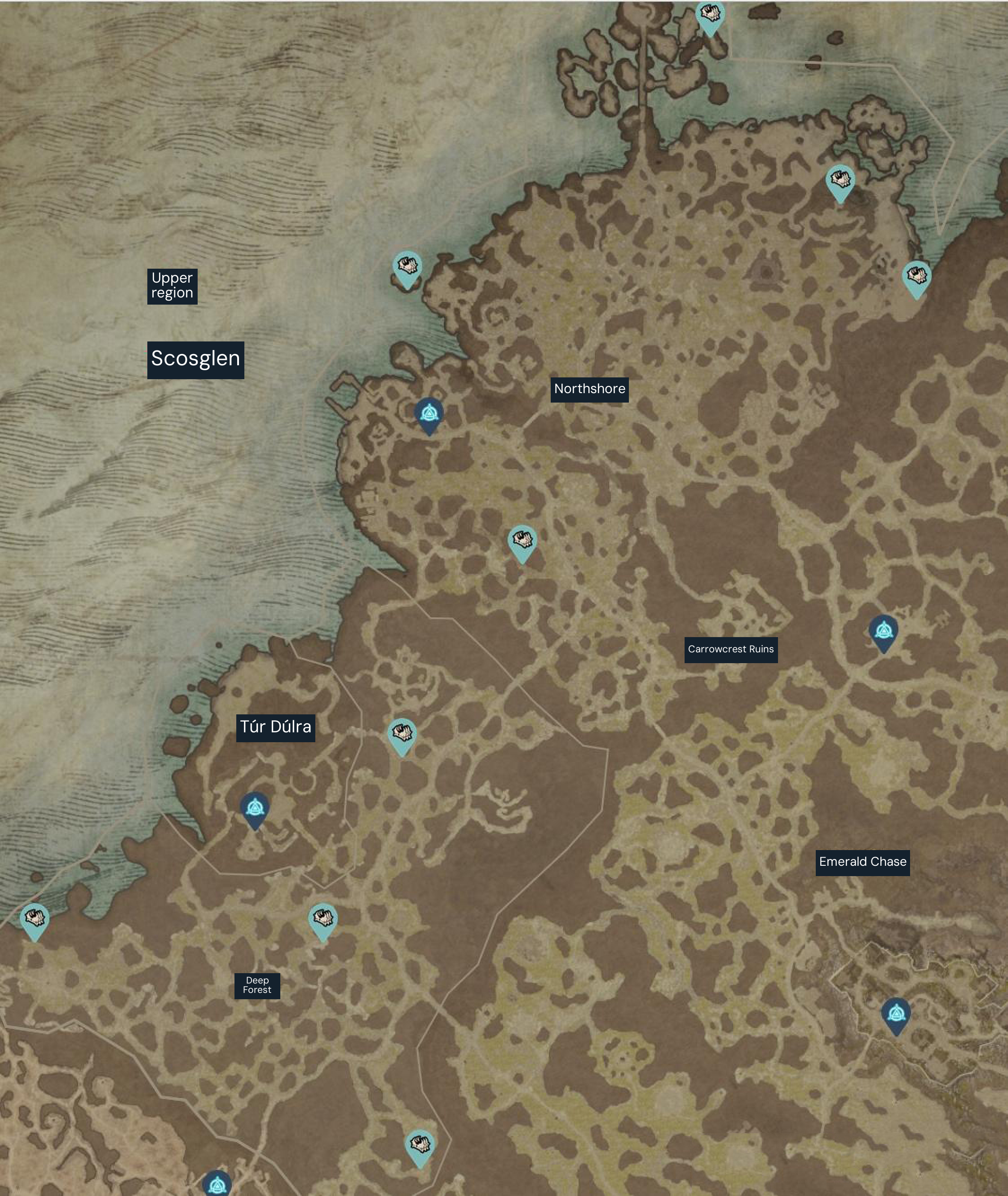 Scosglen Helltide chest reference (2023). Turquoise markers show possible Mystery Chest locations; blue markers are waypoints. Confirm current chest locations on your in-game map.