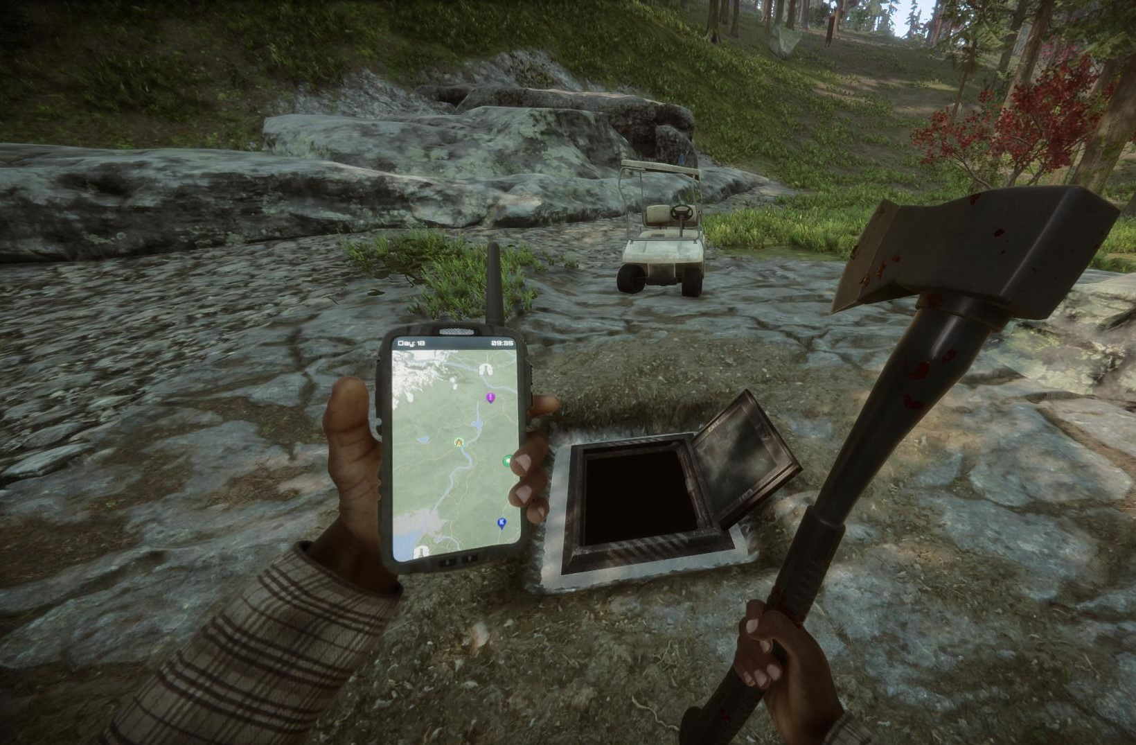 Maintenance Bunker A: the original player GPS and the opened dig hatch show the entrance together. Bring the Shovel; this is a 2023 entrance reference, not a full-island route.