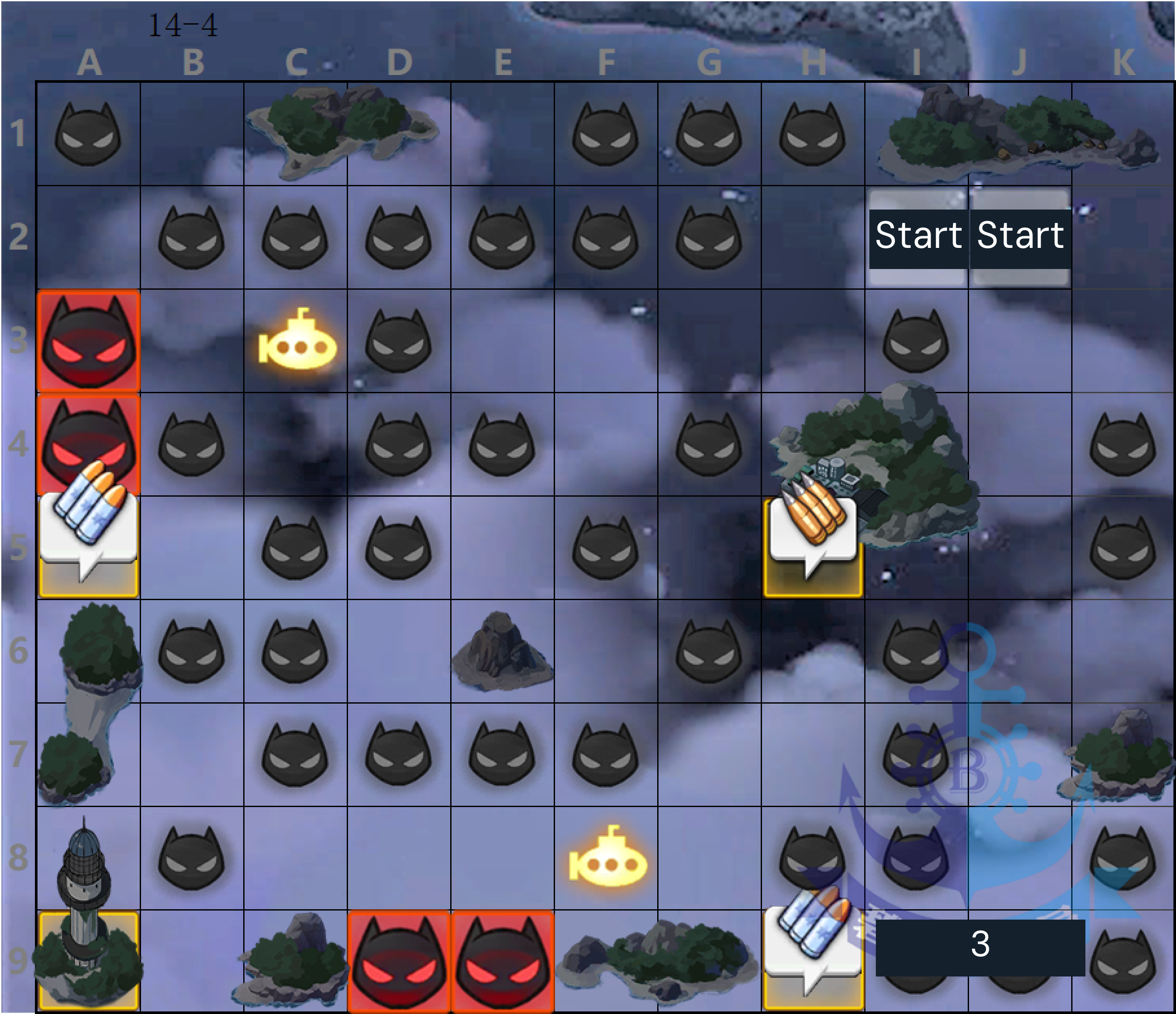 World 14-4 tactical grid with two fleet starting points, enemy nodes, and boss coordinates.