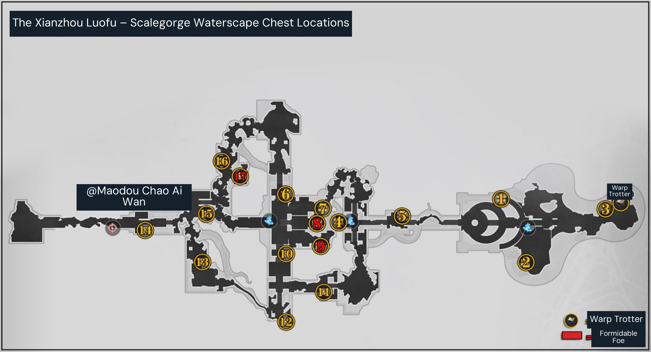Scalegorge Waterscape chest locations from the version 1.2 route. Numbers mark 17 chests; red points 8, 9 and 17 require Formidable Foe fights. The Warp Trotter is beside point 3. These exploration rewards are claimed once.