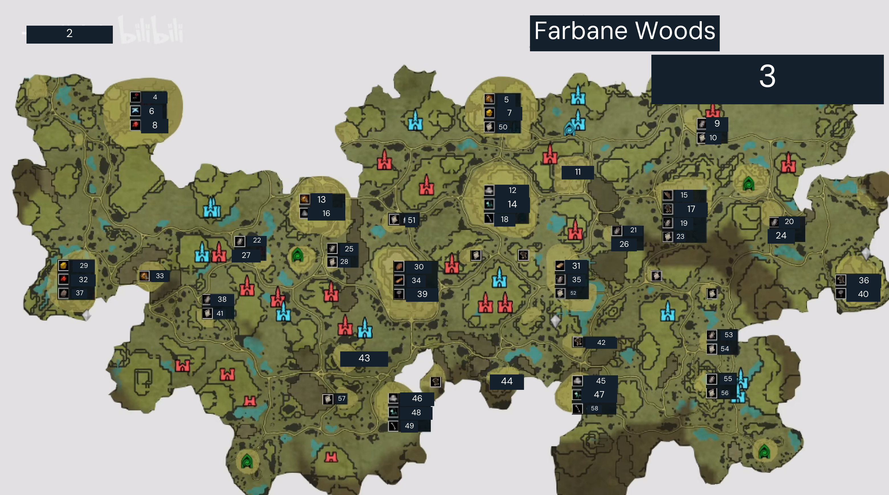 Farbane Woods resource locations — blood roses, paper, copper and other marked resources. Historical 2022 map; check current markers in game.