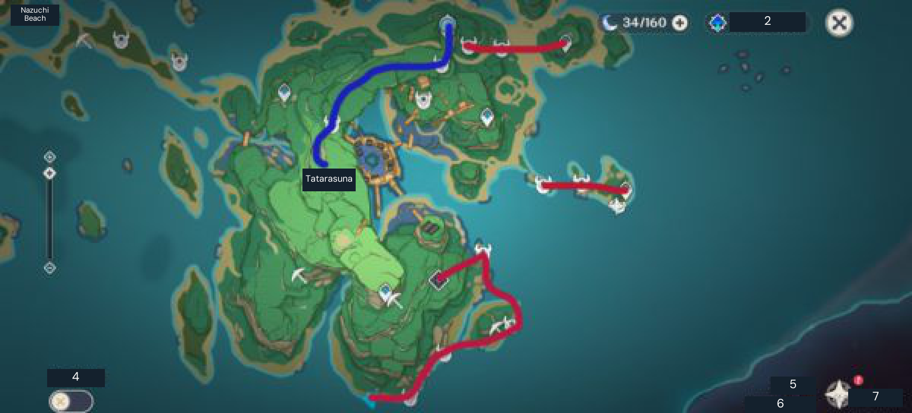 Nobushi route map for Kannazuka/Inazuma; source guide states Nobushi and Kairagi drop the Handguard material family.