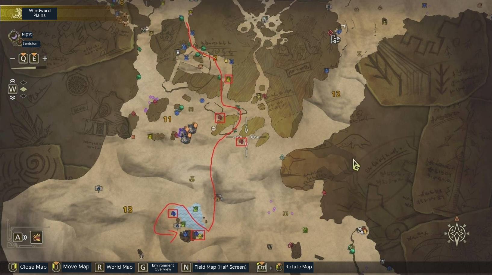 Windward Plains gathering route, segment 2 of 4. Red lines and boxes are the source author’s route and selected gathering nodes.