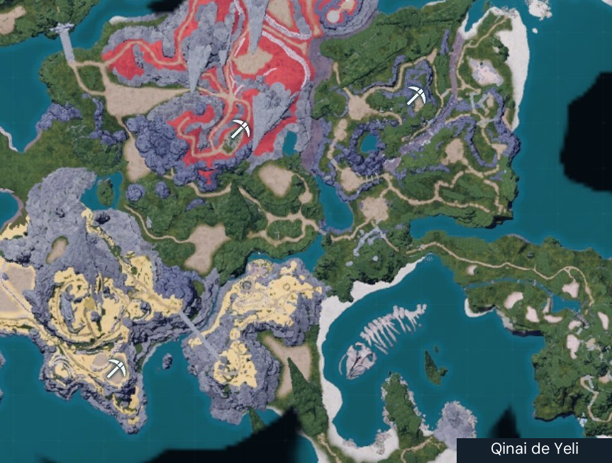 Mount Obsidian mining clusters on the January 2024 base map. Source Sulfur clusters include (-595, -523) and (-742, -443); Coal clusters are also marked, so confirm the resource at each icon. This covers the original islands; later expansion regions are outside its scope.