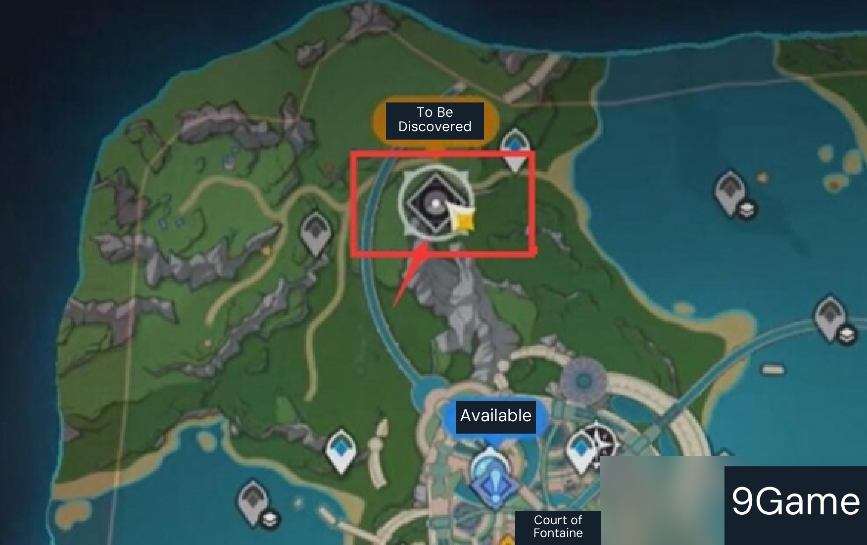 Echoes of the Deep Tides weapon-material domain northwest of the Court of Fontaine, boxed red in the source map. Use the nearby outdoor waypoint to reach the hillside entrance.