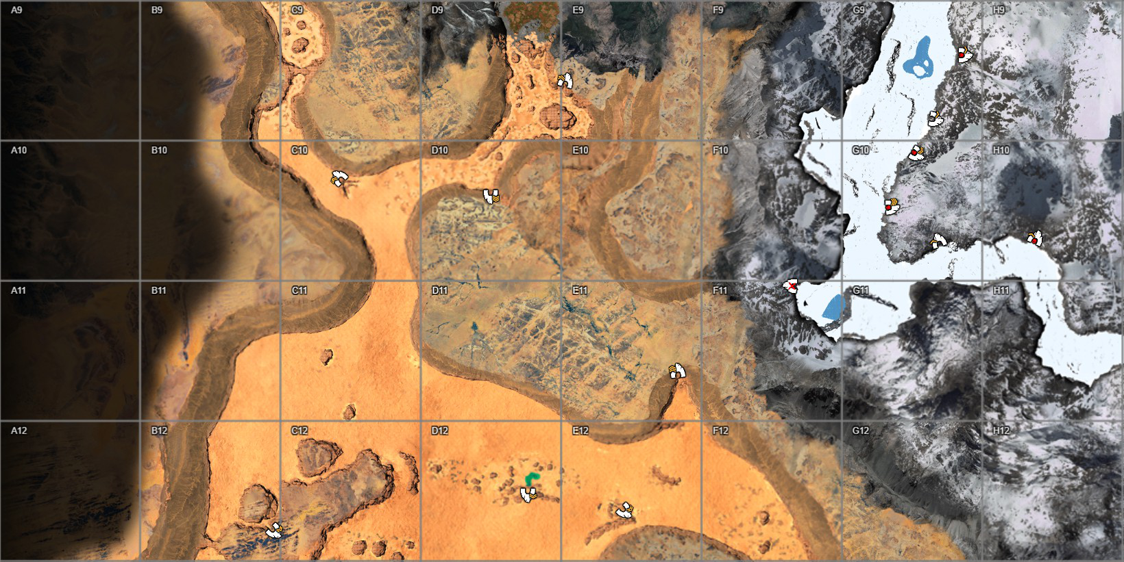 Olympus cave entrances in grid A9-H12 (southern desert and snow biomes). Use the letter-number grid to find nearby rock faces; inspect each cave for its current ore veins.