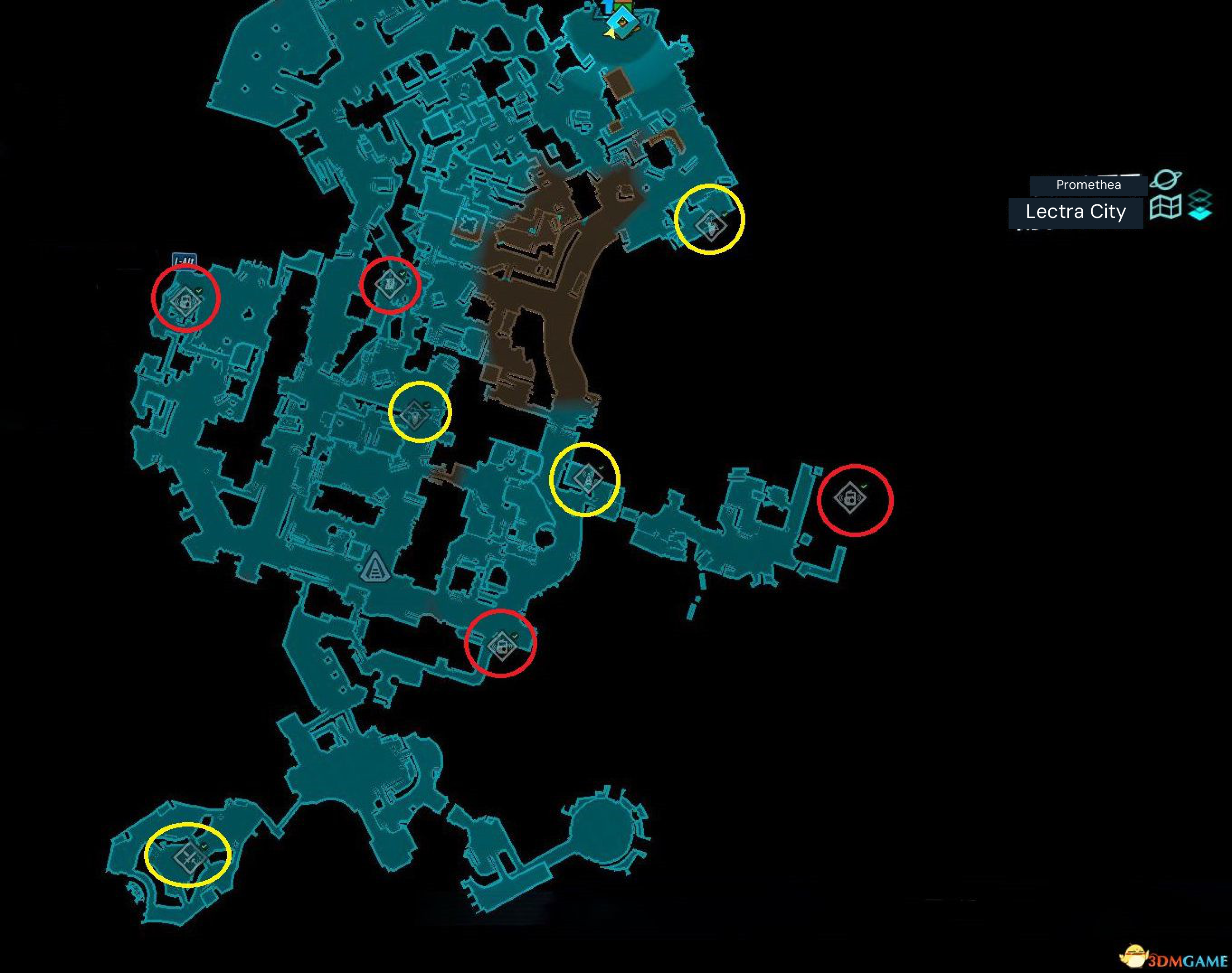 Lectra City district overview. The source’s colored circles mark collectibles and challenges, not One Punch. The farm itself is in the underground television-puzzle room described in the guide.