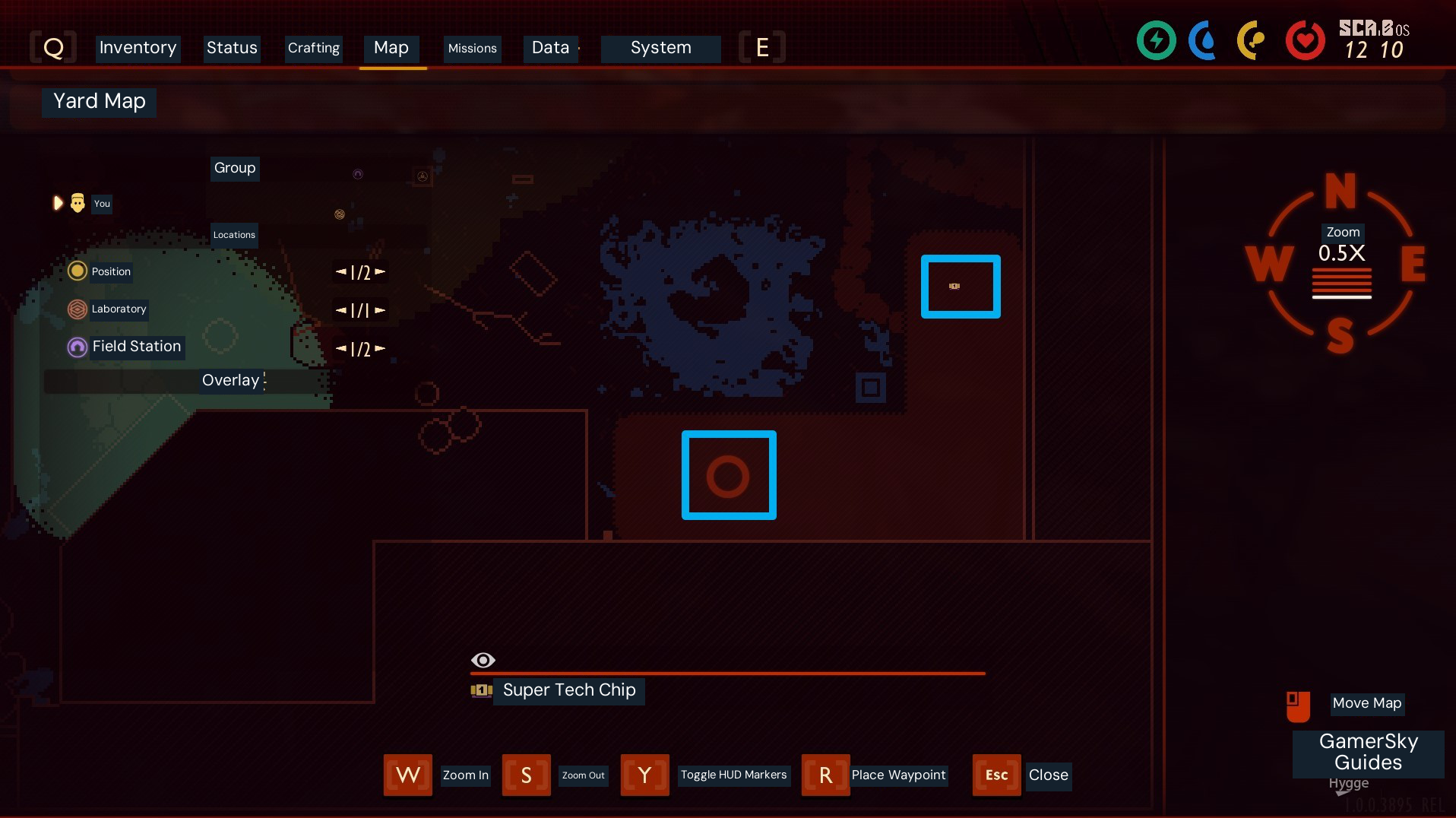 Hedge Lab locator from the September 2022 base-game guide. Blue boxes identify the Hedge Super Chip area and southwest approach; use the climbing and lab steps to reach the chip.
