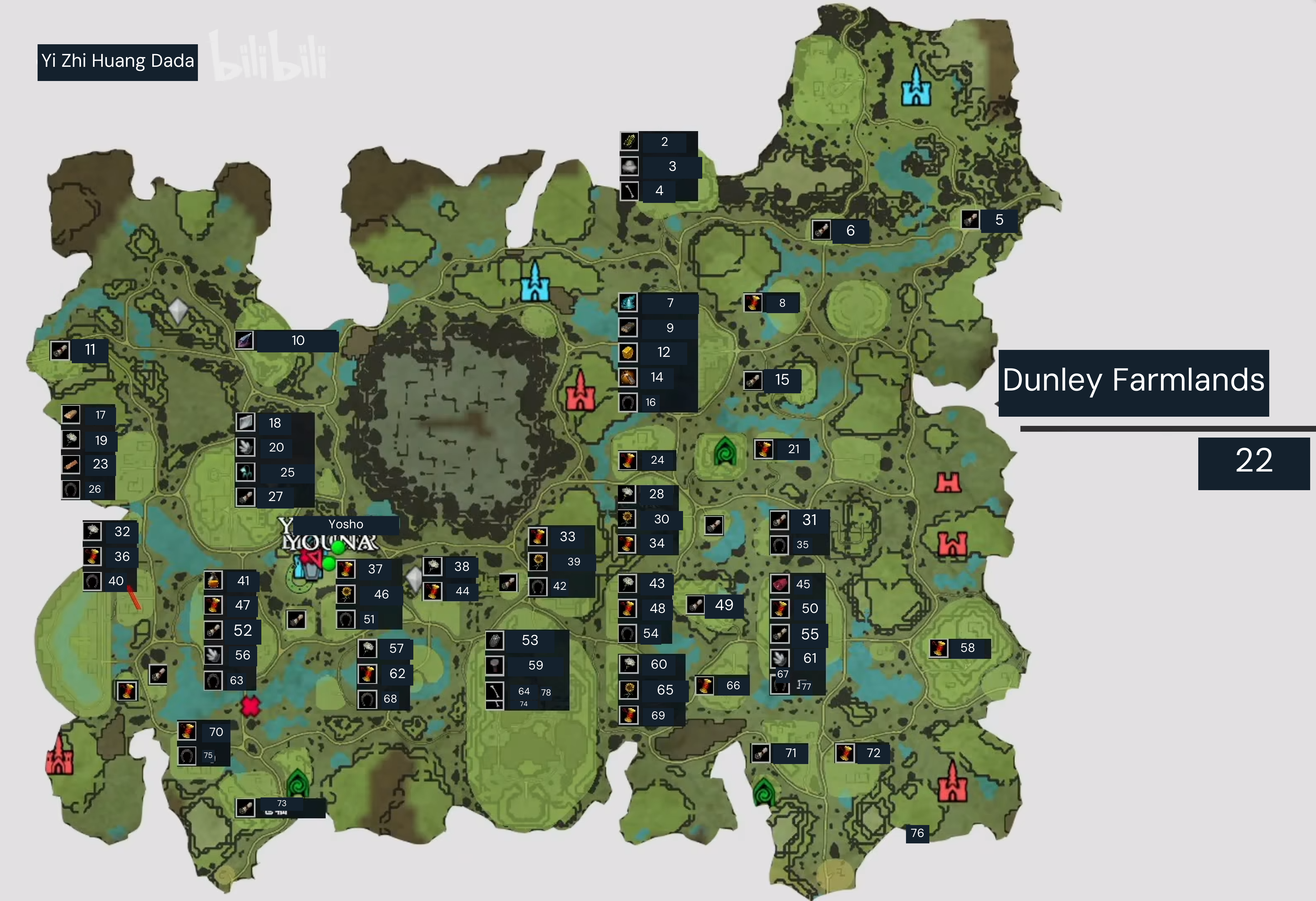 Dunley Farmlands resource locations — iron, quartz, cotton and other marked resources. Historical 2022 map; check current markers in game.