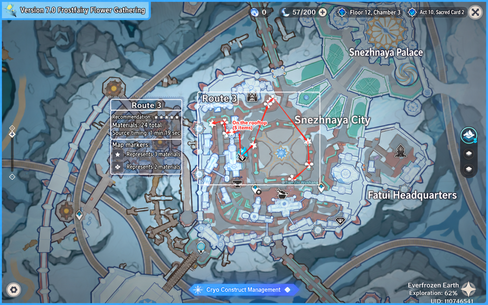 Sorrowful Sanctuary — marked Frostfairy Flower collection route.