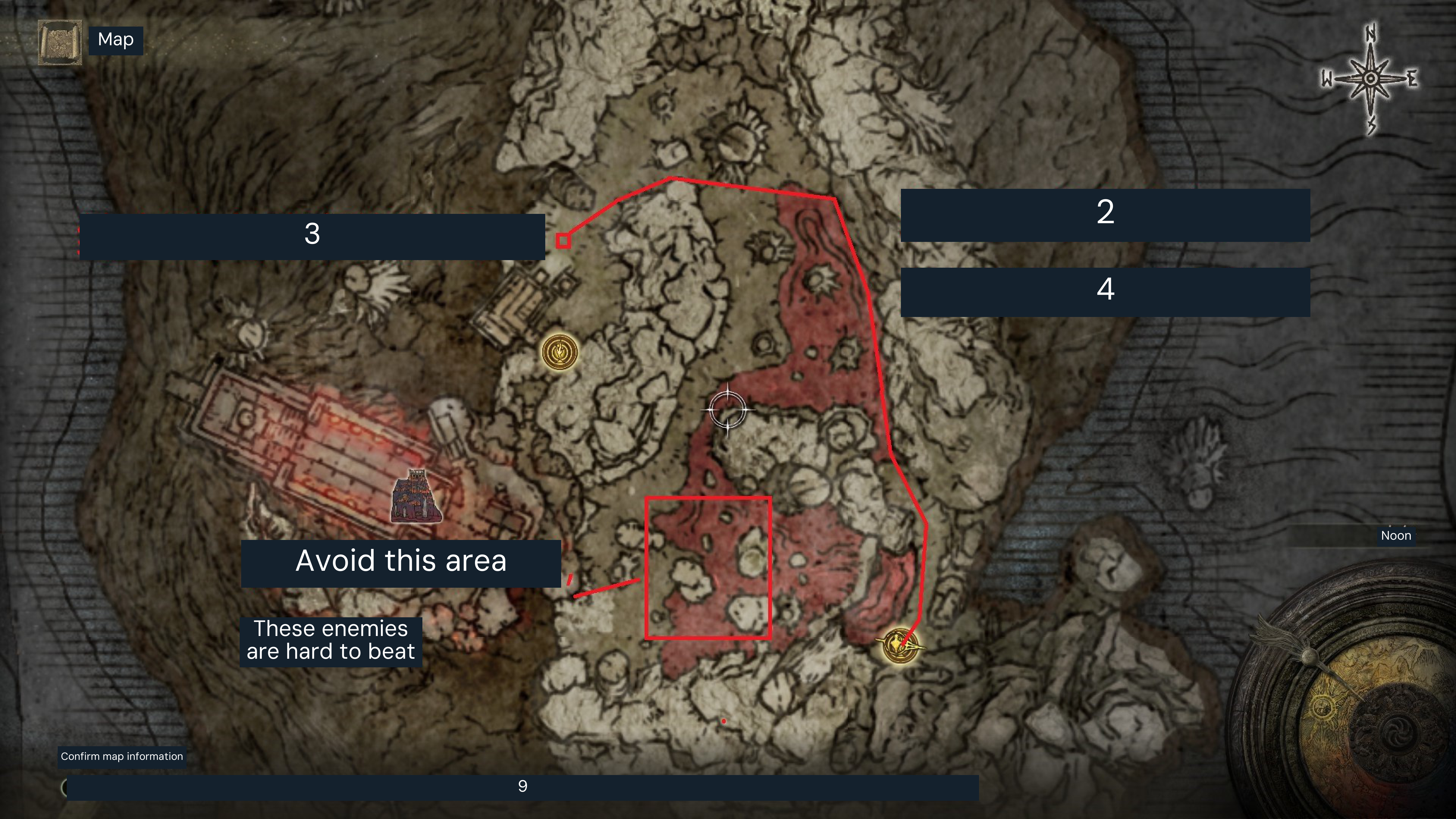 Mohgwyn Palace rune-farming route with a marked difficult area to avoid