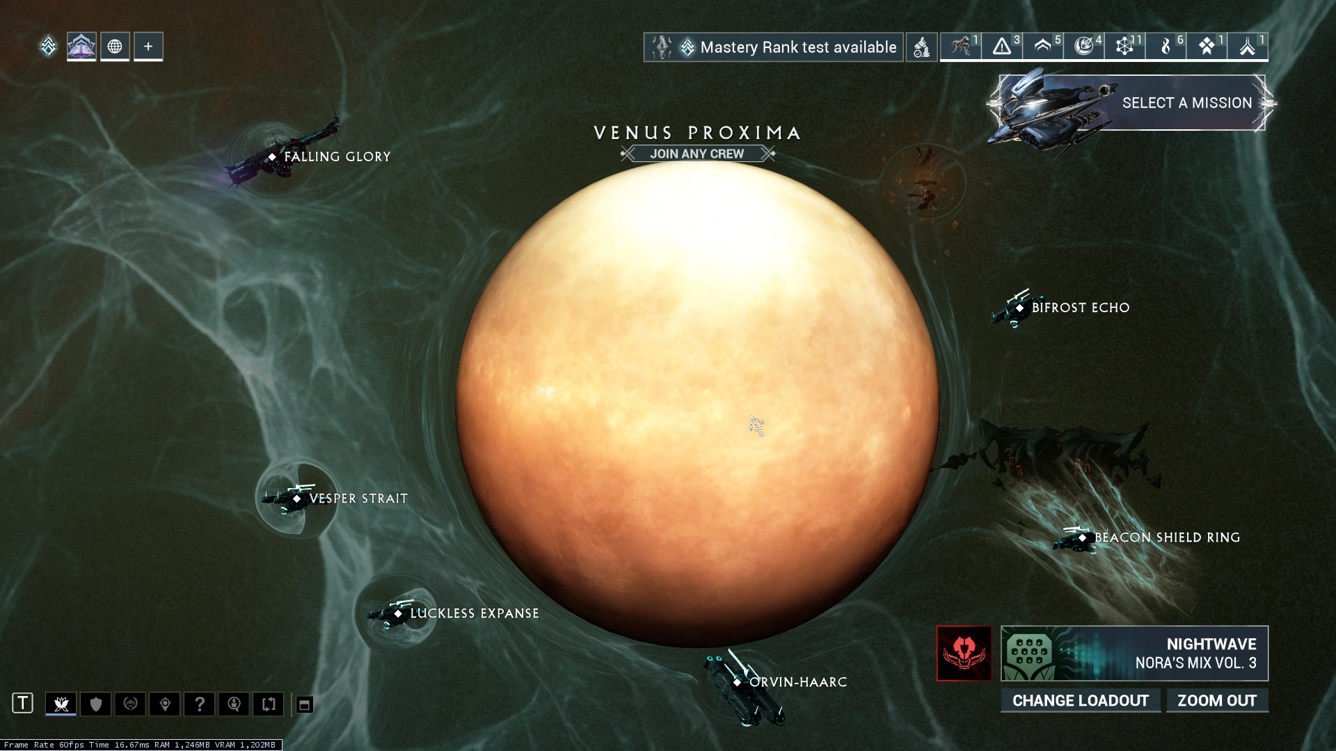Venus Proxima mission selection map, captured in Update 32 (February 2023). Use the current mission table for present-day types and unlocks.
