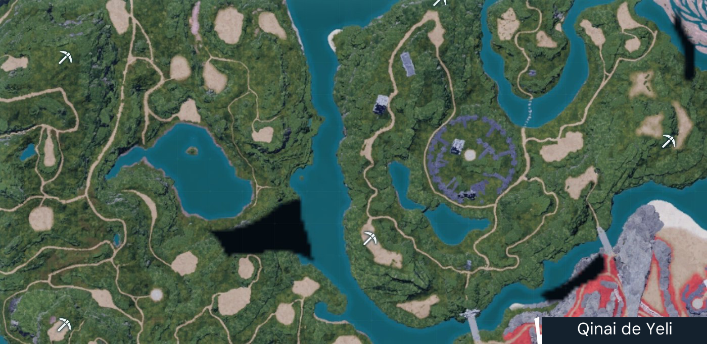 Pickaxe icons show mining clusters on the original Plateau of Beginnings. Source coordinates include (9, -528), (71, -405), and (155, -394); verify the material before mining. This covers the original islands; later expansion regions are outside its scope.