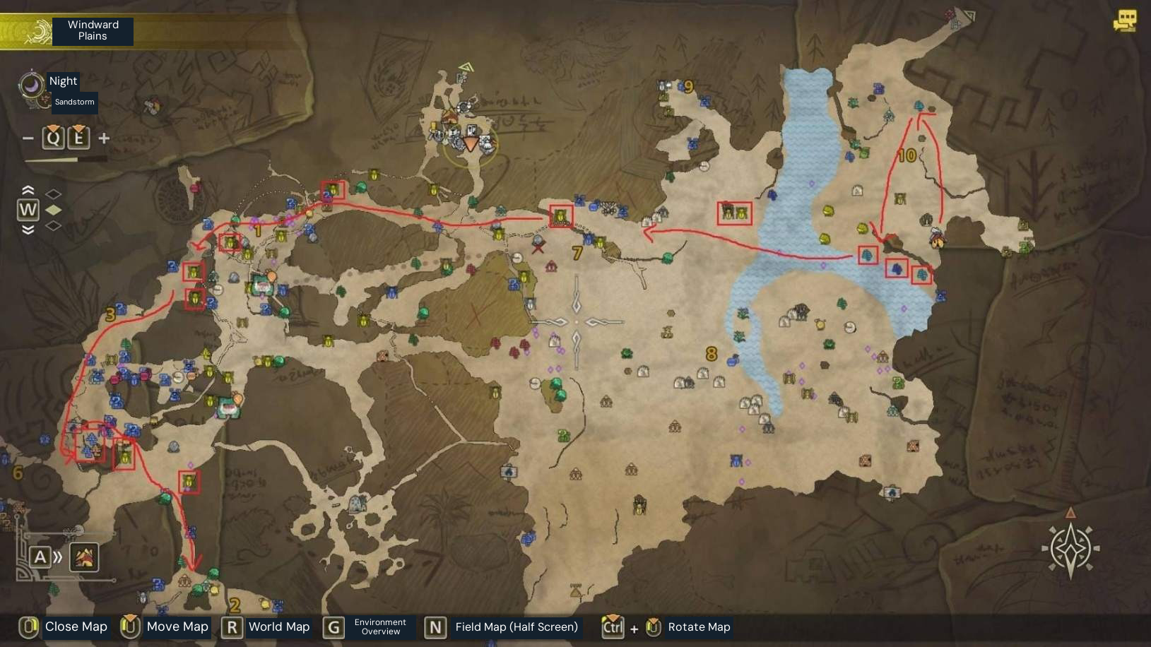 Windward Plains gathering route, segment 1 of 4. Red lines and boxes are the source author’s route and selected gathering nodes.
