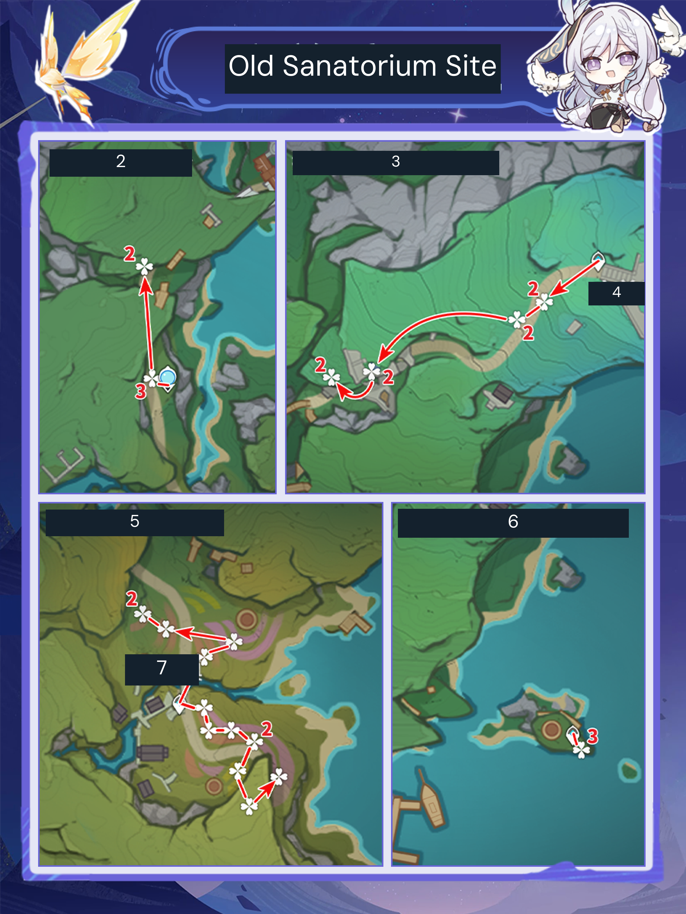 Etherwing Moth route panels for the Millhaven, Old Sanatorium Site, and southern Old Sanatorium Site routes, plus a nearby Statue of The Seven route.