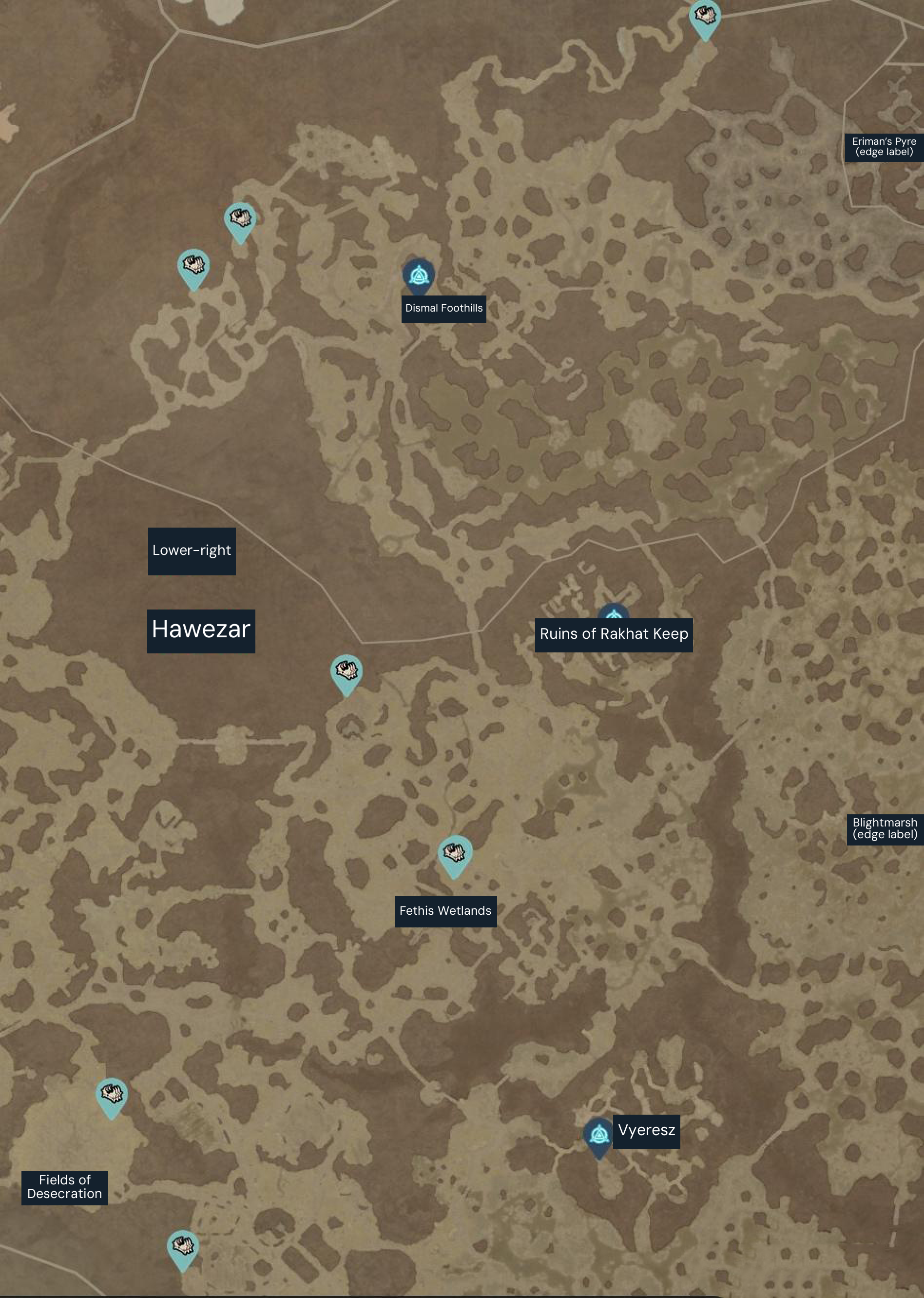 Hawezar Helltide chest reference (2023). Turquoise markers show possible Mystery Chest locations; blue markers are waypoints. Confirm current chest locations on your in-game map.