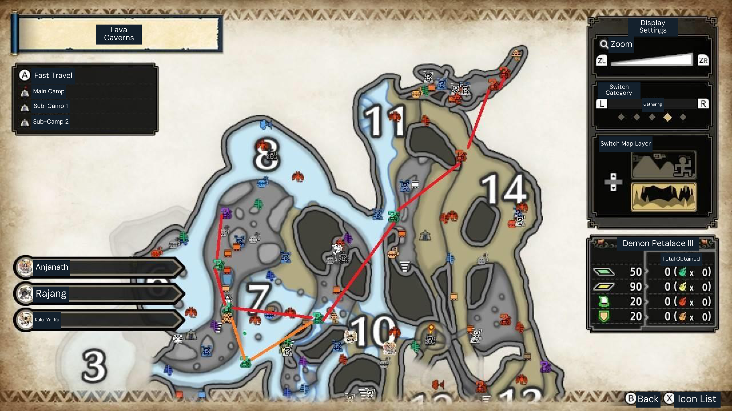 Lava Caverns account-item route, lower level. Follow the author’s red route; the orange detour on the lower map requires climbing.