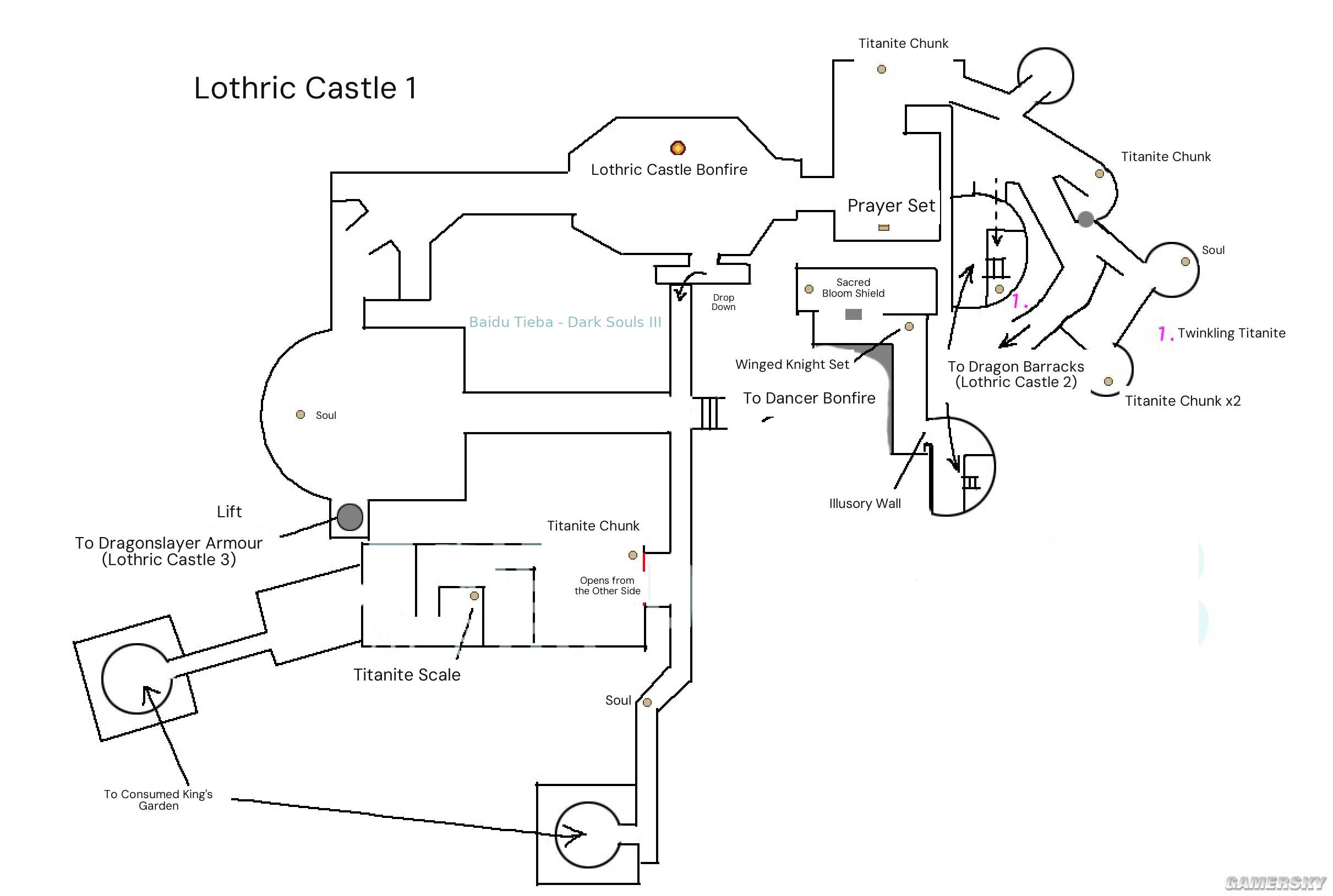 Original Chinese hand-drawn Lothric Castle approach and bonfire layout. Item labels mark fixed pickups and connections; they are not repeatable enemy-drop markers.