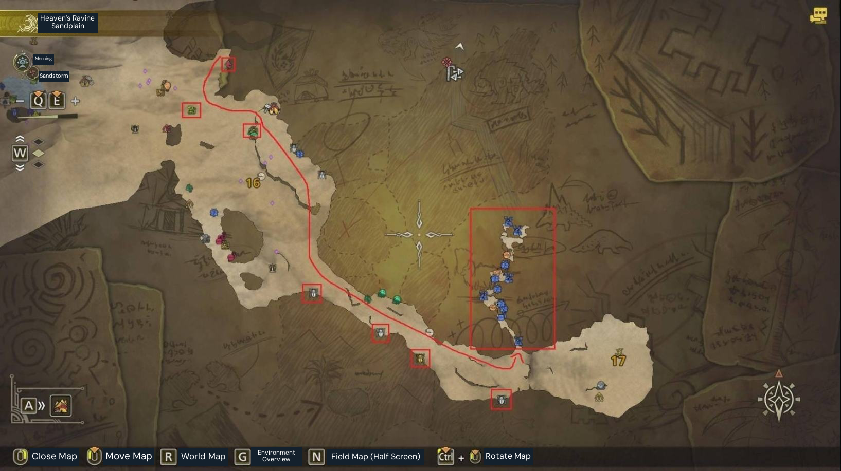 Windward Plains gathering route, segment 4 of 4. Red lines and boxes are the source author’s route and selected gathering nodes.