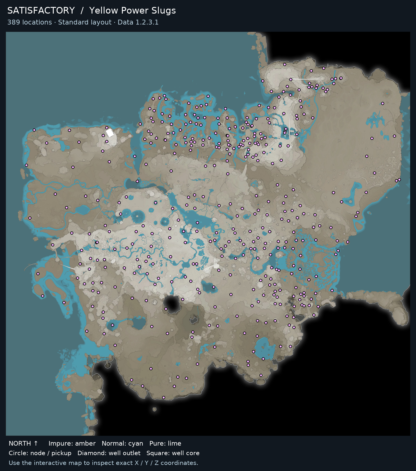Yellow Power Slugs locations on the Satisfactory world map · Standard resource layout · Data 1.2.3.1
