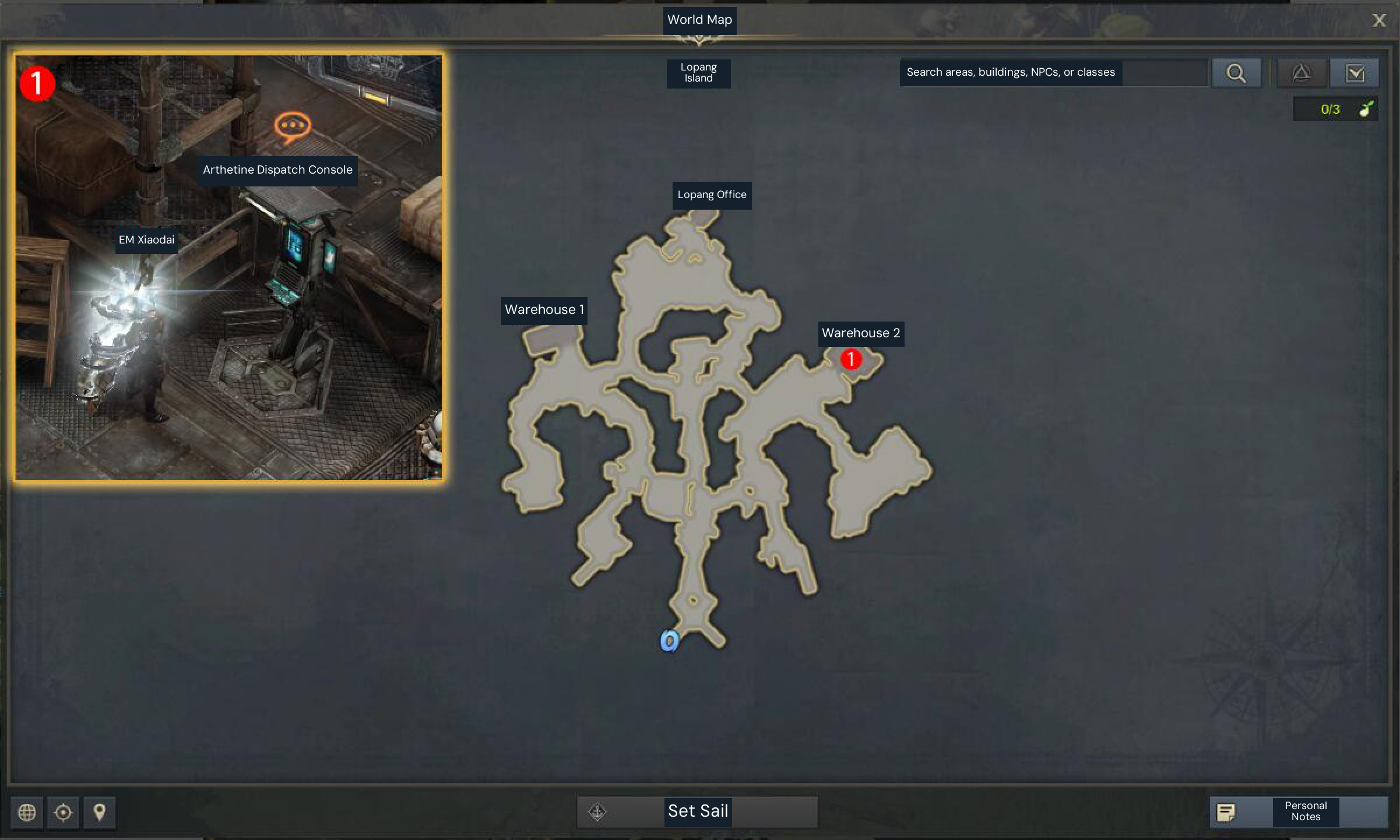 Lopang Island pickup for Special Delivery: Arthetine. Follow the original red marker 1 to Warehouse 2, then interact with the dispatch console shown in the inset.
