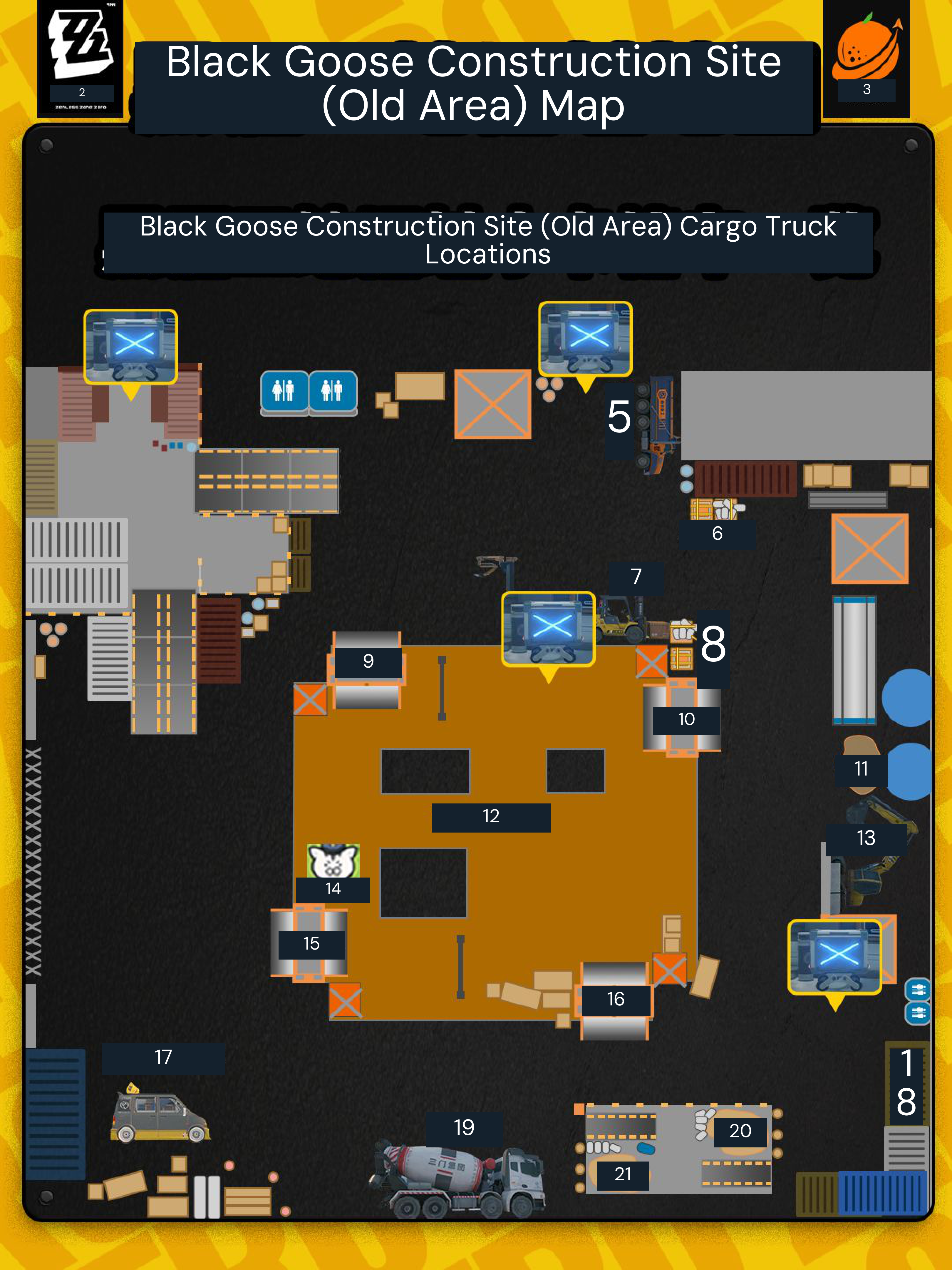 Black Goose construction area — permanent cargo-truck collection points. These are one-time exploration rewards.