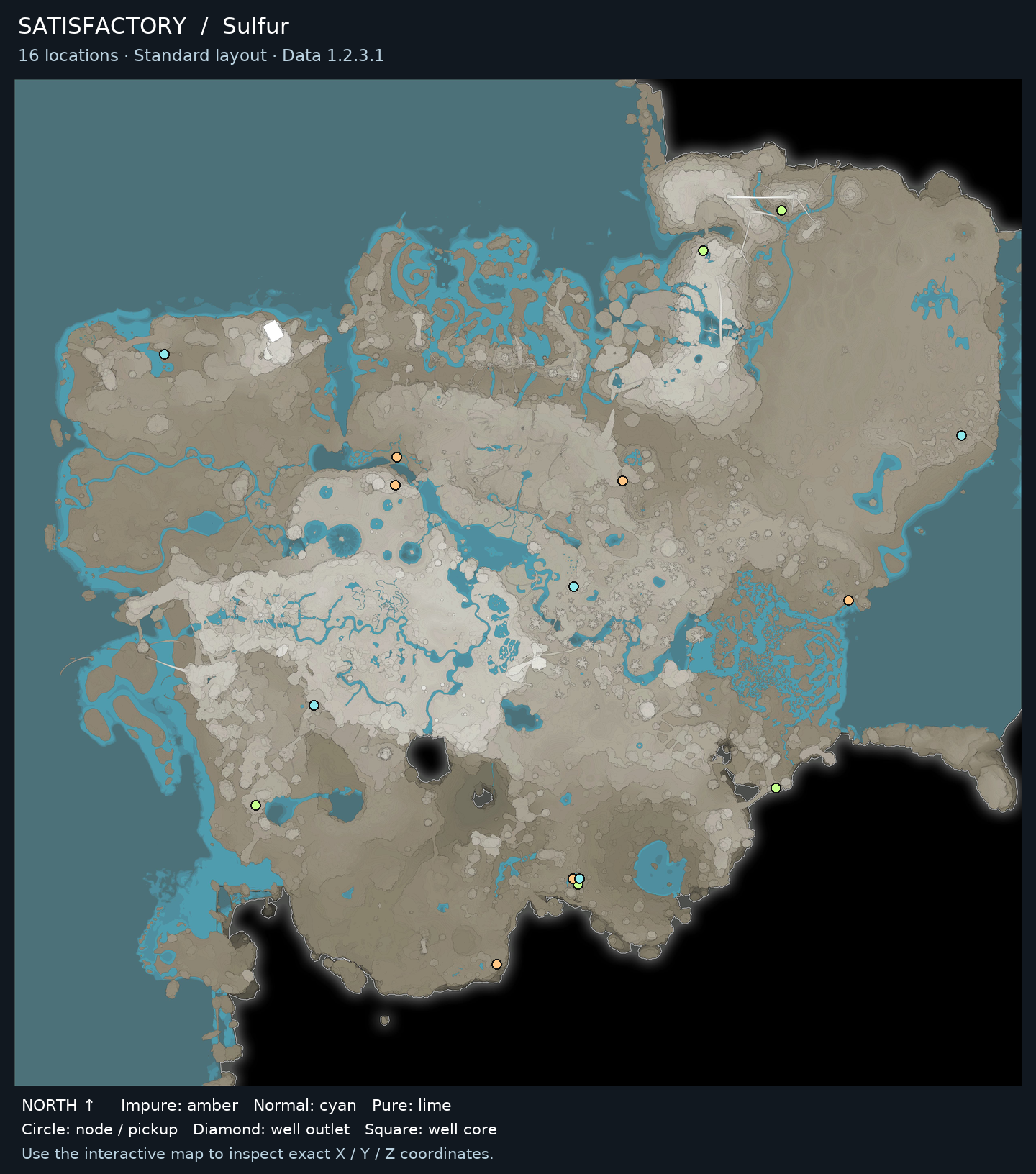 Sulfur locations on the Satisfactory world map · Standard resource layout · Data 1.2.3.1