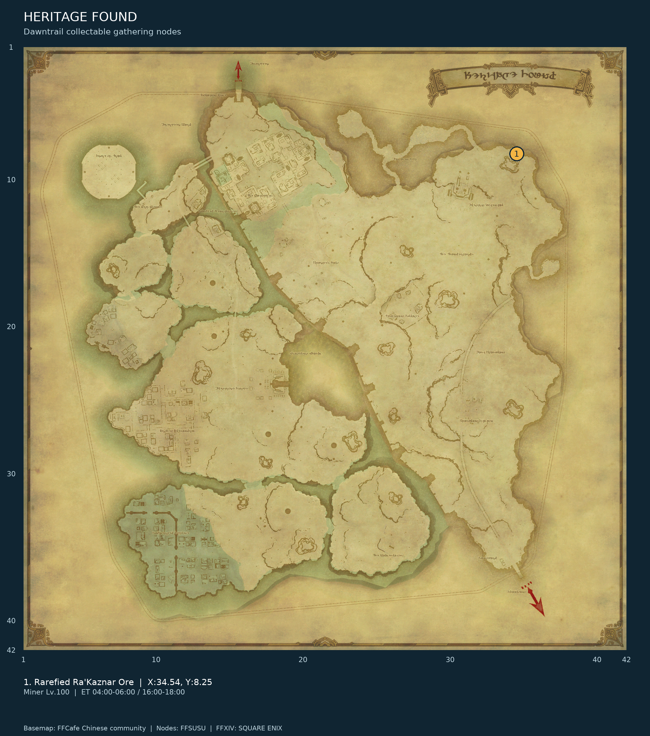 Heritage Found Dawntrail collectable-node locations, with in-game X/Y axes and the source clock’s Eorzean-time windows. Numbered markers identify gathering-node centers; nearby active nodes may appear as a cluster.