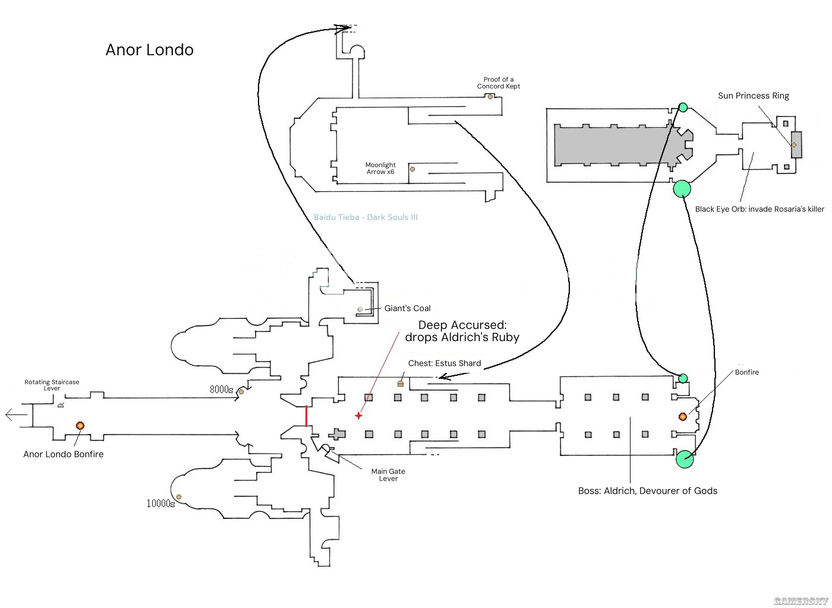Original Chinese hand-drawn Anor Londo layout, including its bonfire and main building. The Proof of a Concord Kept label marks a fixed pickup; repeatable Silver Knight farming is outside the building.